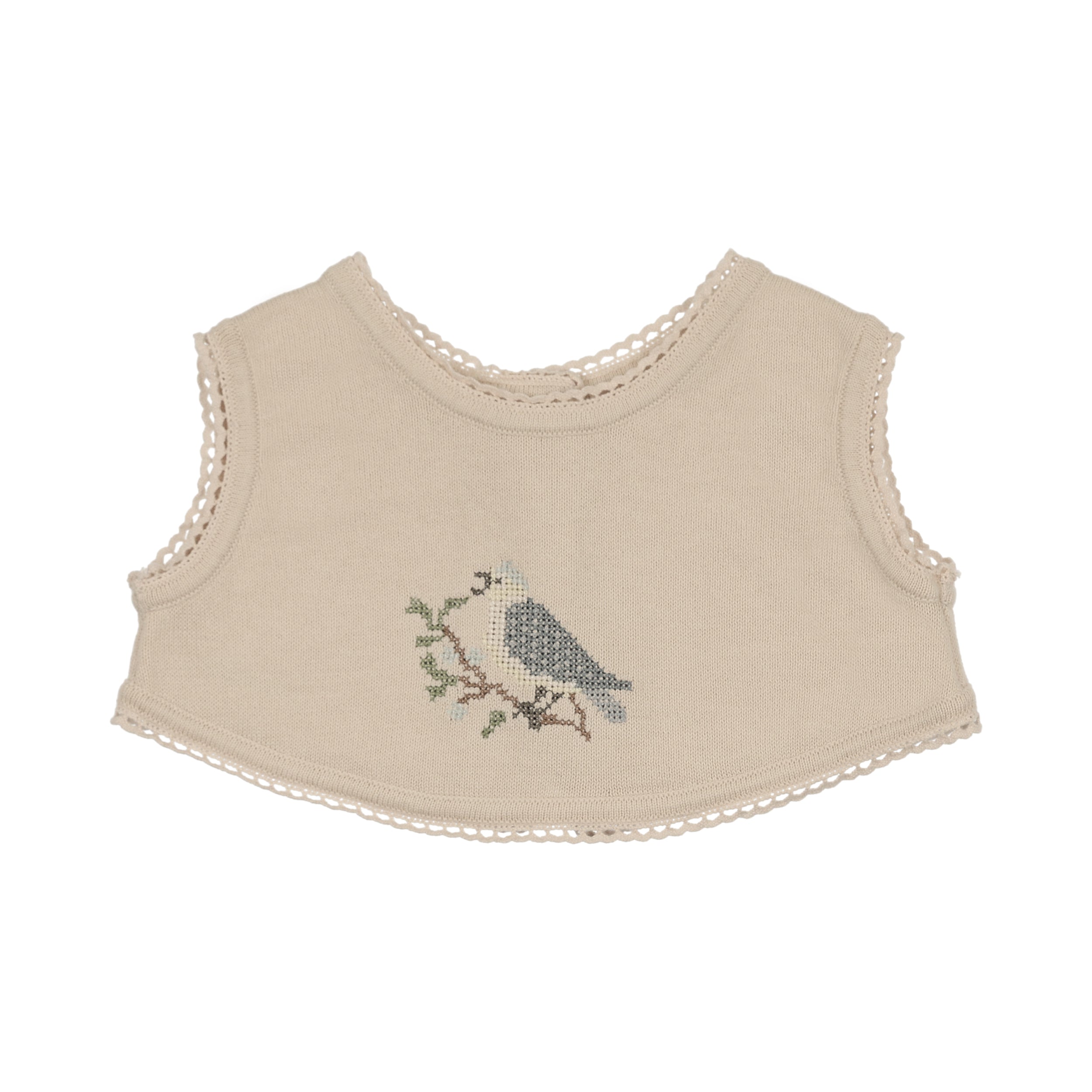 Peluche Knit Cross Stitch Overlay Bib - Stone/Blue