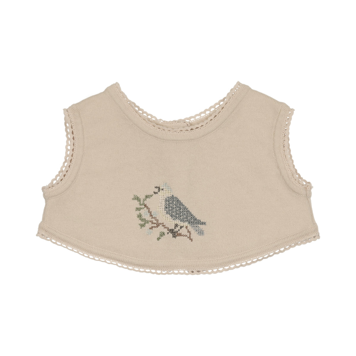 Peluche Knit Cross Stitch Overlay Bib - Stone/Blue
