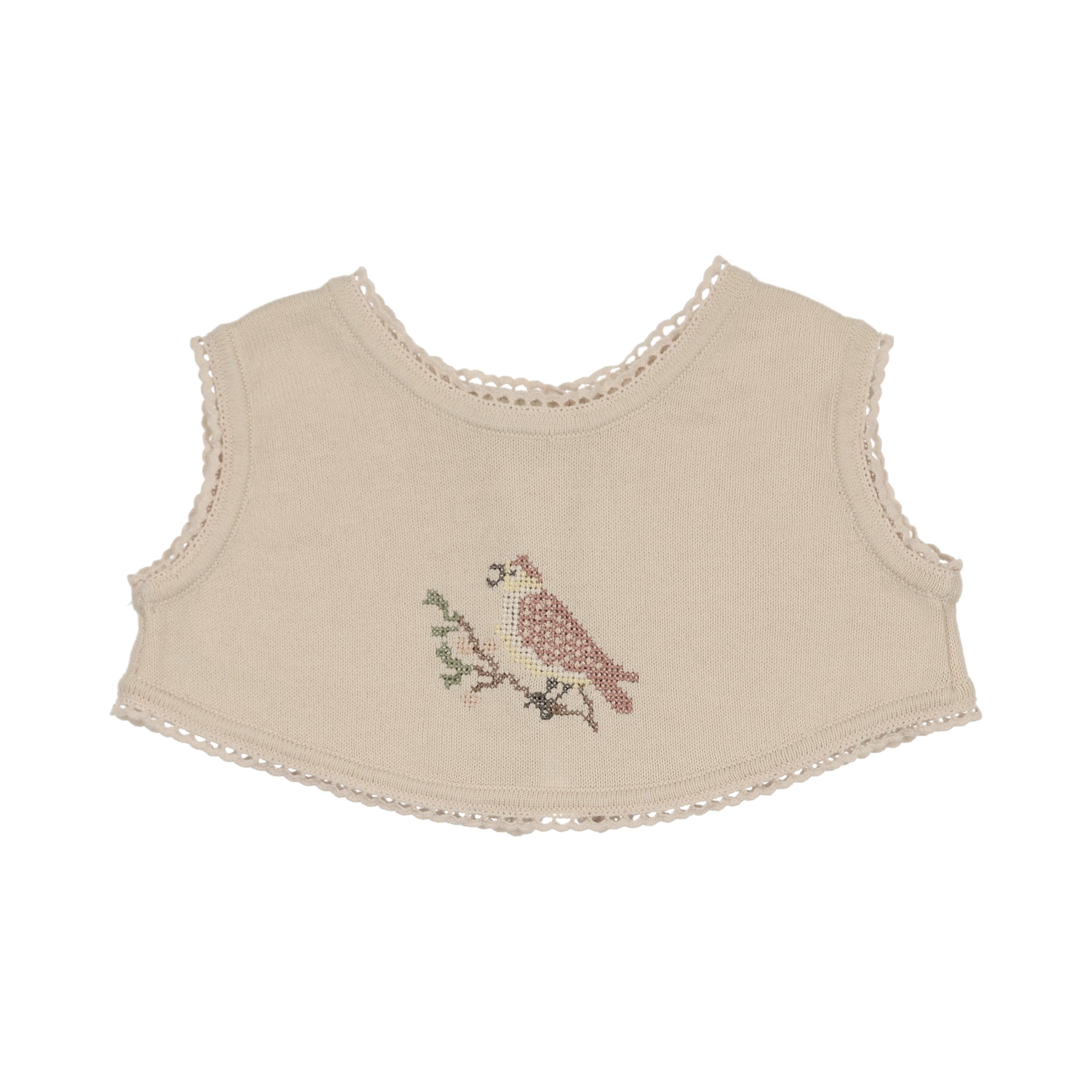 Peluche Knit Cross Stitch Overlay Bib - Stone/Rose