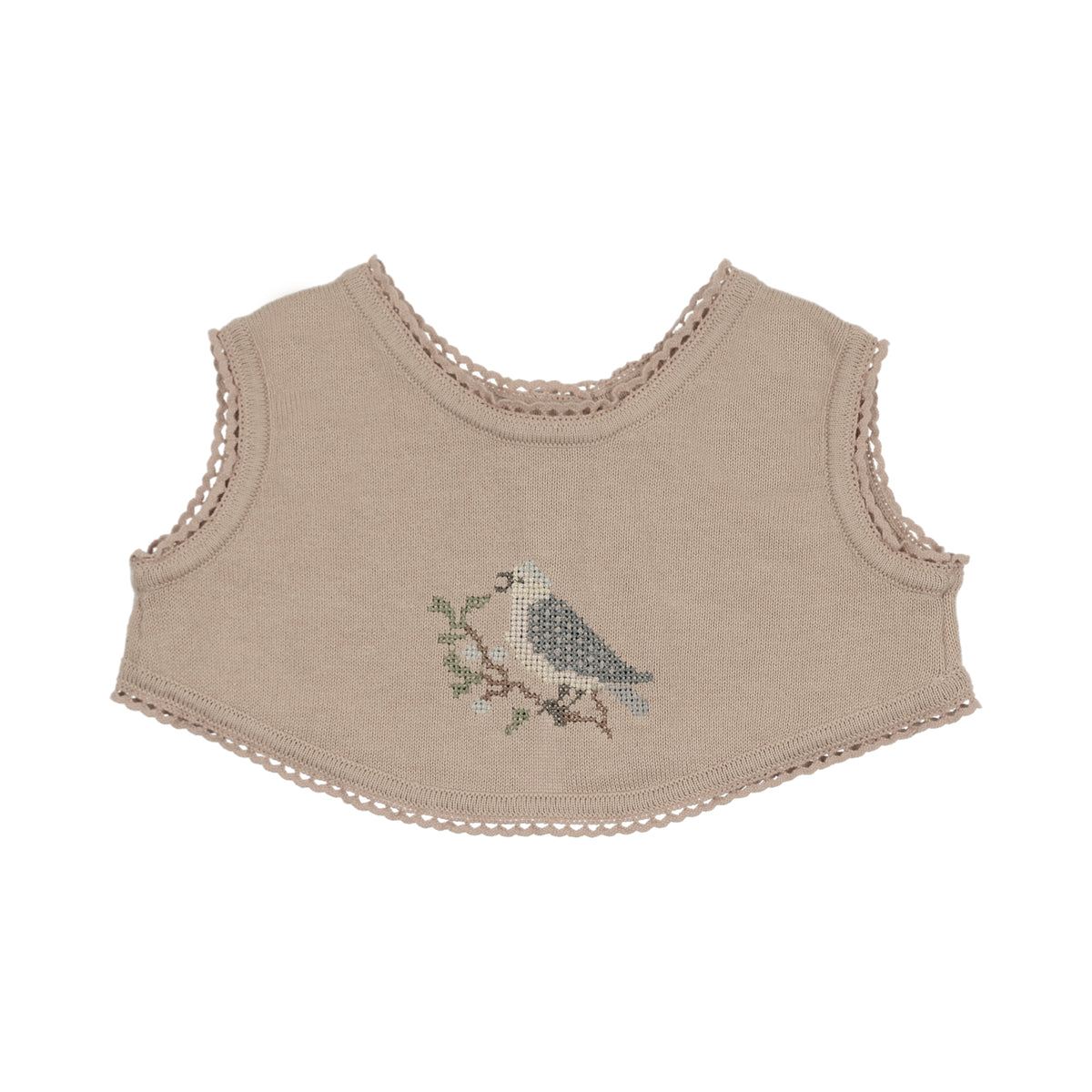 Peluche Knit Cross Stitch Overlay Bib - Taupe