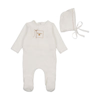 Bee & Dee Cute As A Button Footie & Bonnet- Chalk White