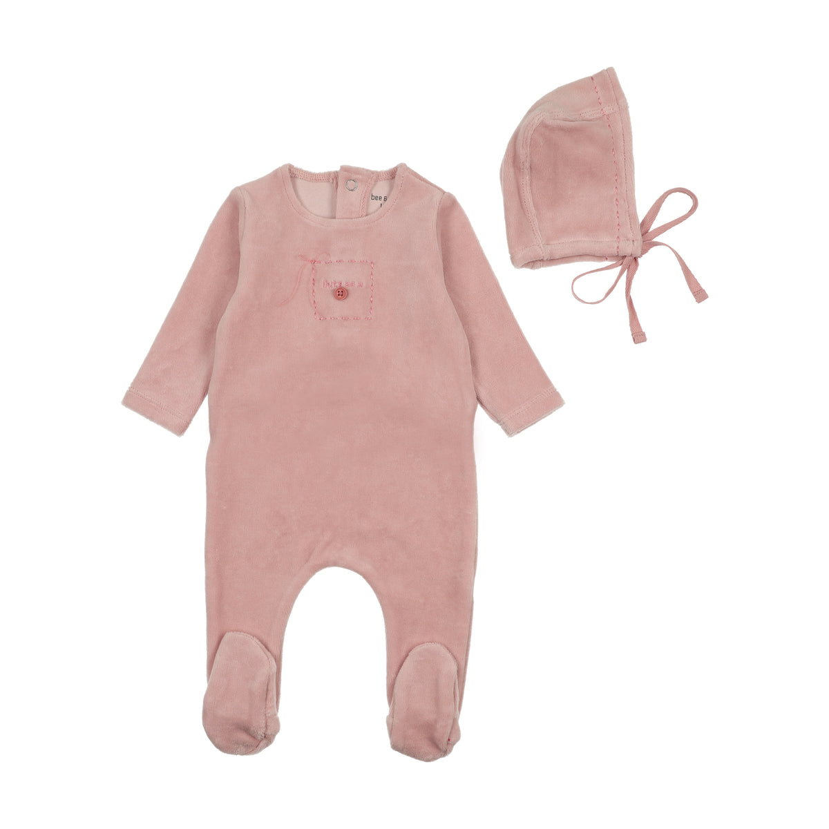 Bee & Dee Cute As A Button Footie & Bonnet- Satin Pink