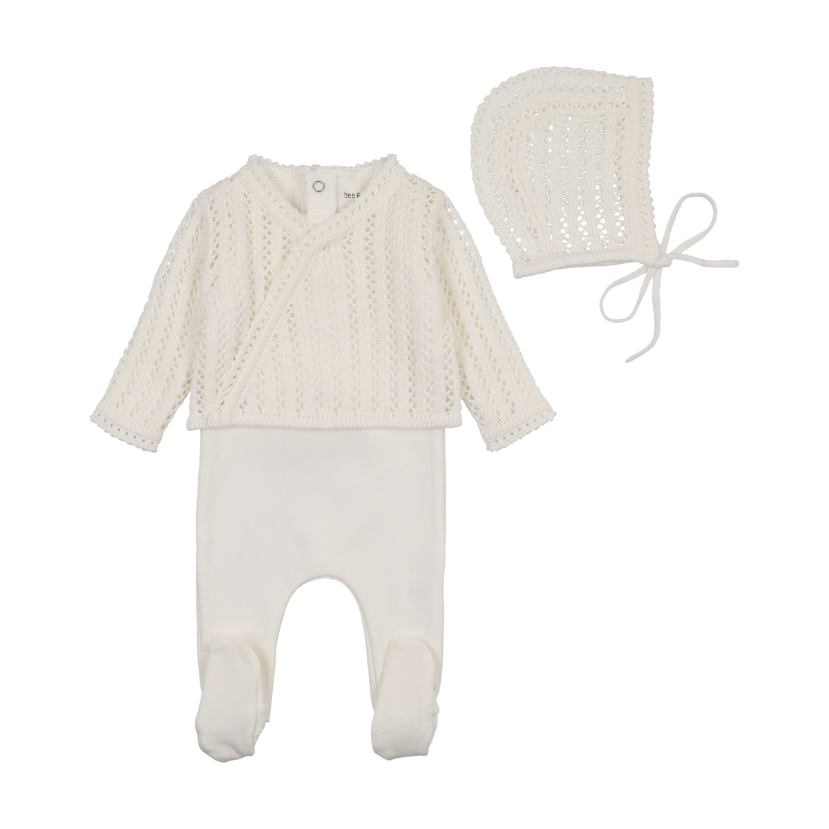 Bee & Dee Dainty Sweater Footie, Cardigan & Hat - Chalk White