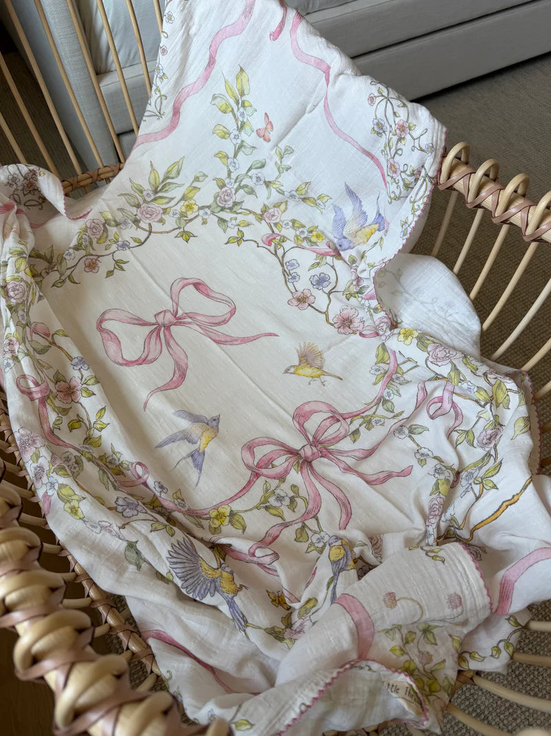 Little Threads Rose Ribbon Garden Muslin Blanket