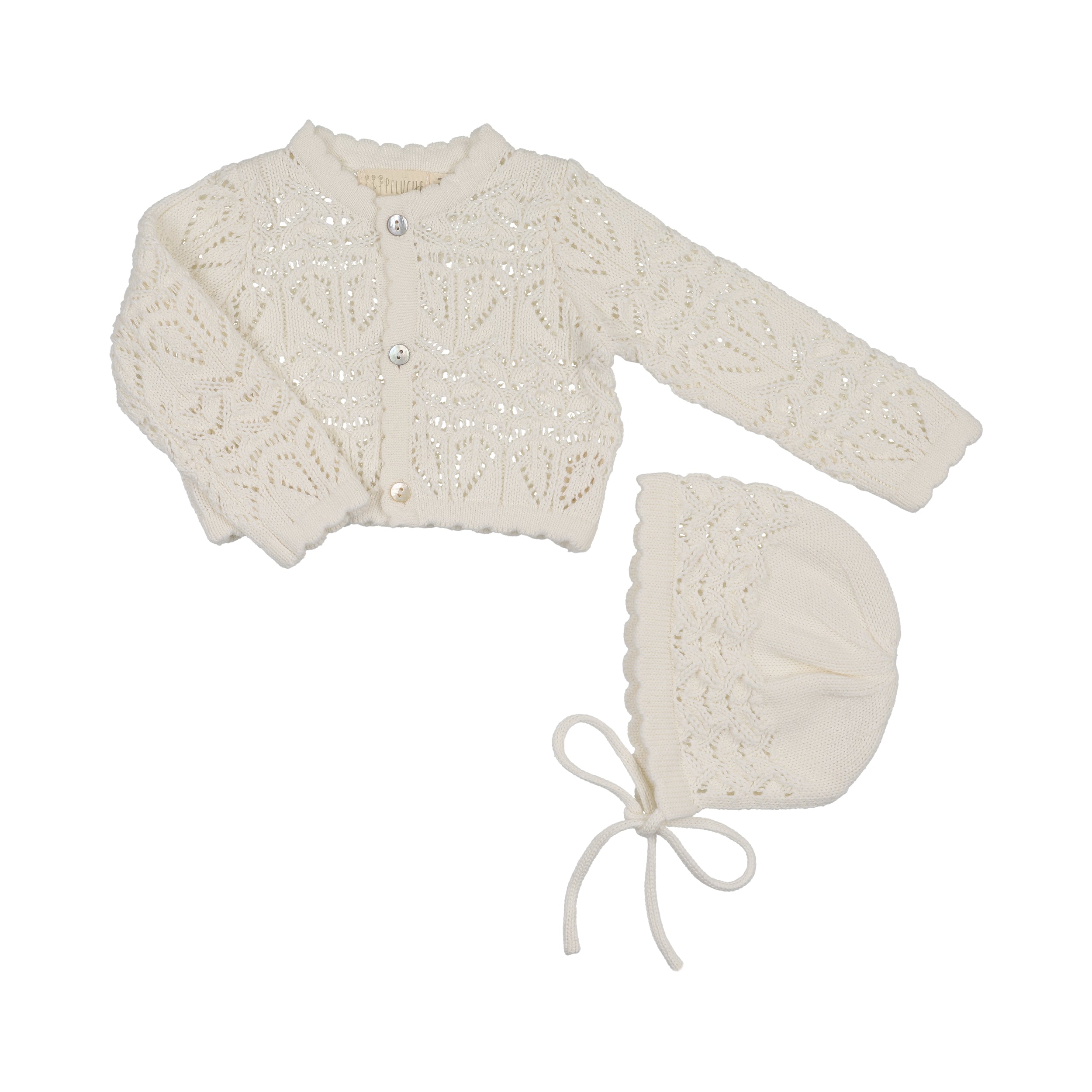 Peluche Eyelet Knit Cropped Cardigan & Bonnet - Cream