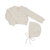 Peluche Eyelet Knit Cropped Cardigan & Bonnet - Cream