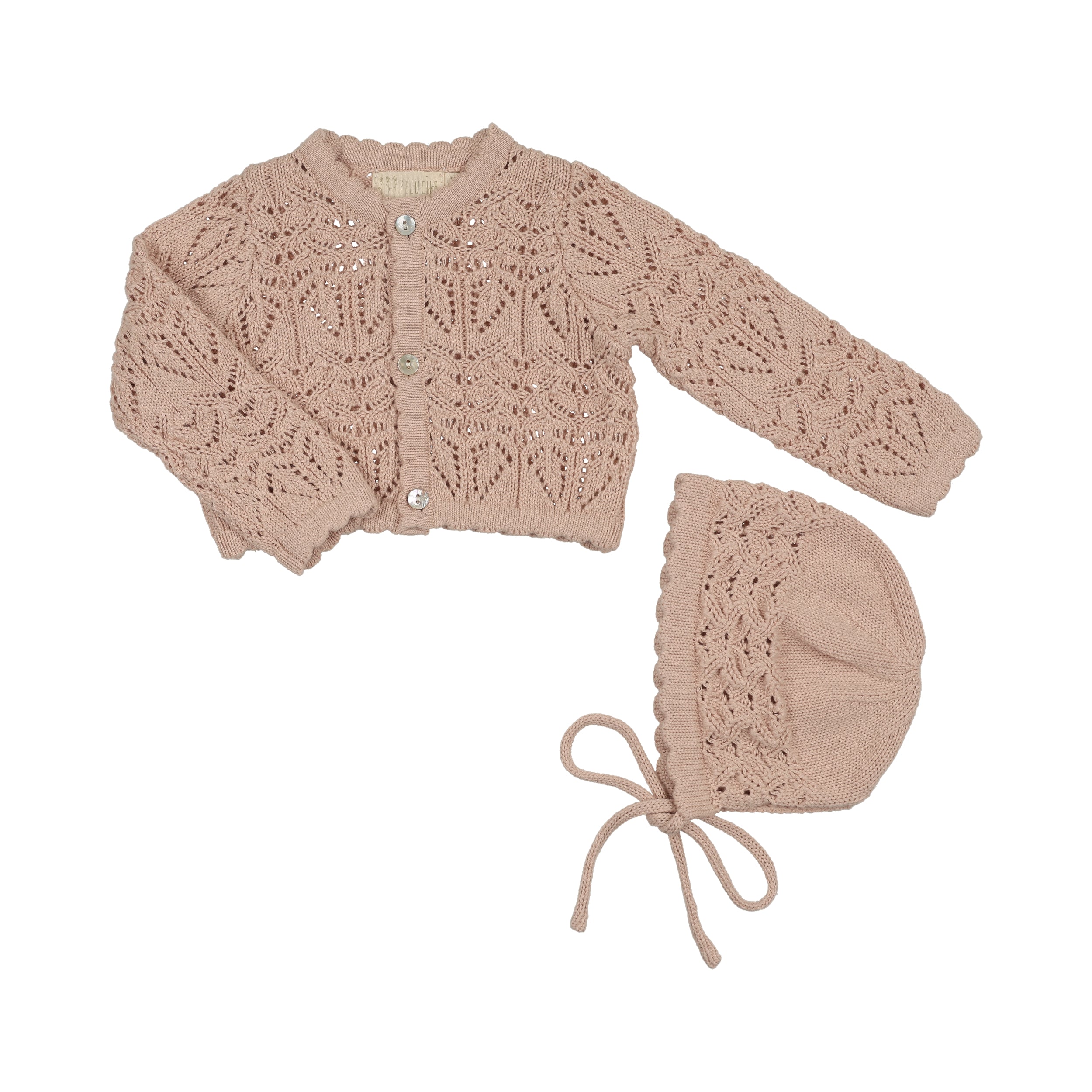Peluche Eyelet Knit Cropped Cardigan & Bonnet - Rose