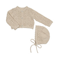 Peluche Eyelet Knit Cropped Cardigan & Bonnet - Stone