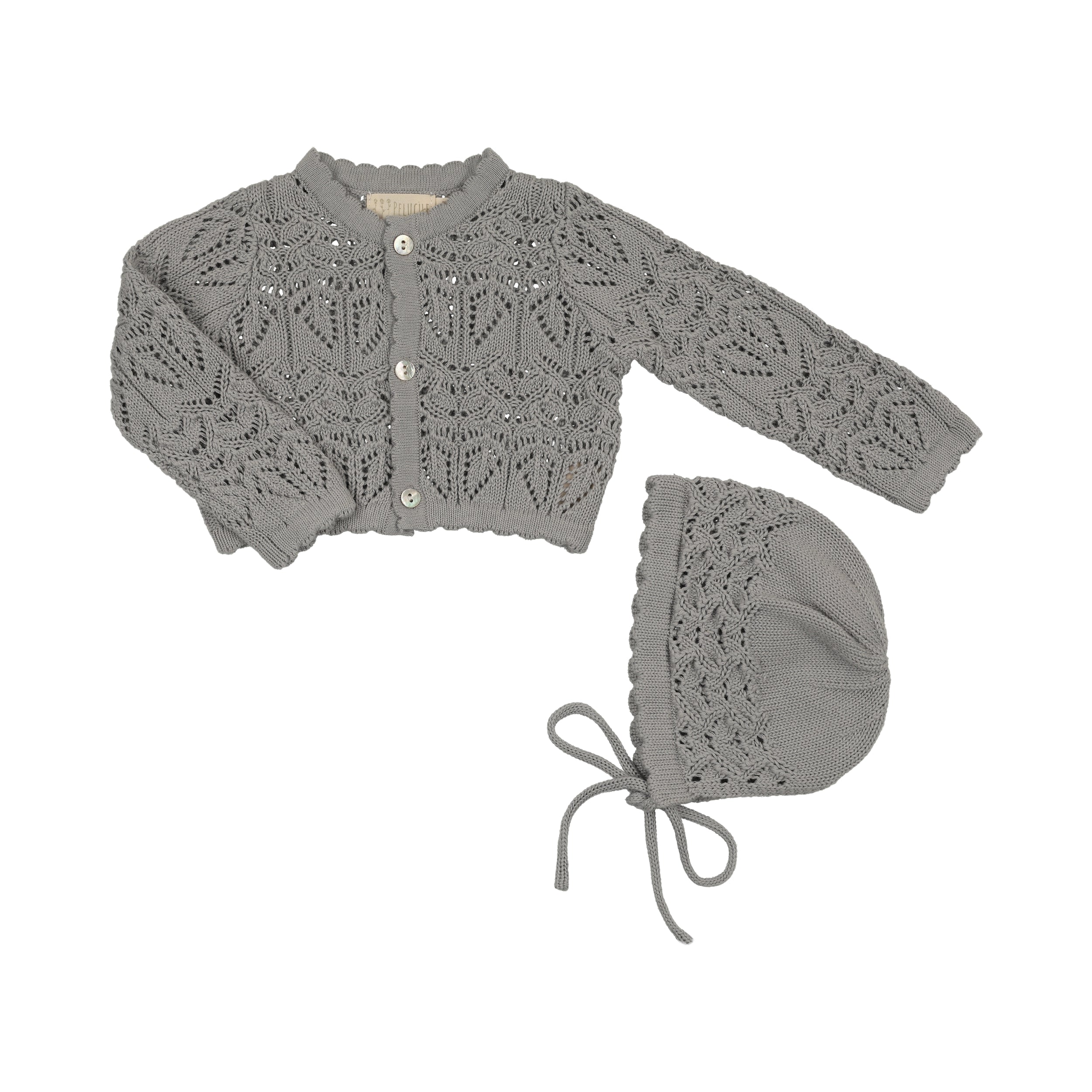 Peluche Eyelet Knit Cropped Cardigan & Bonnet - Powder