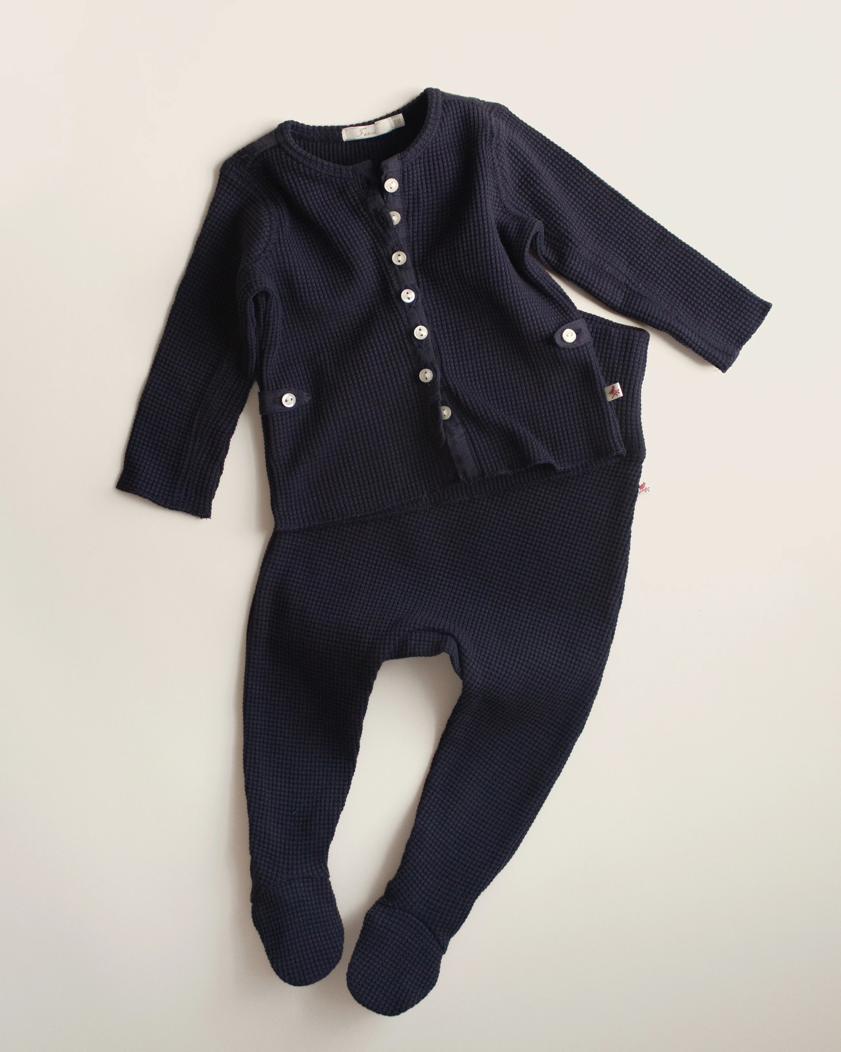Ferne Waffle Hadagi Footed Cardi Set - Marine