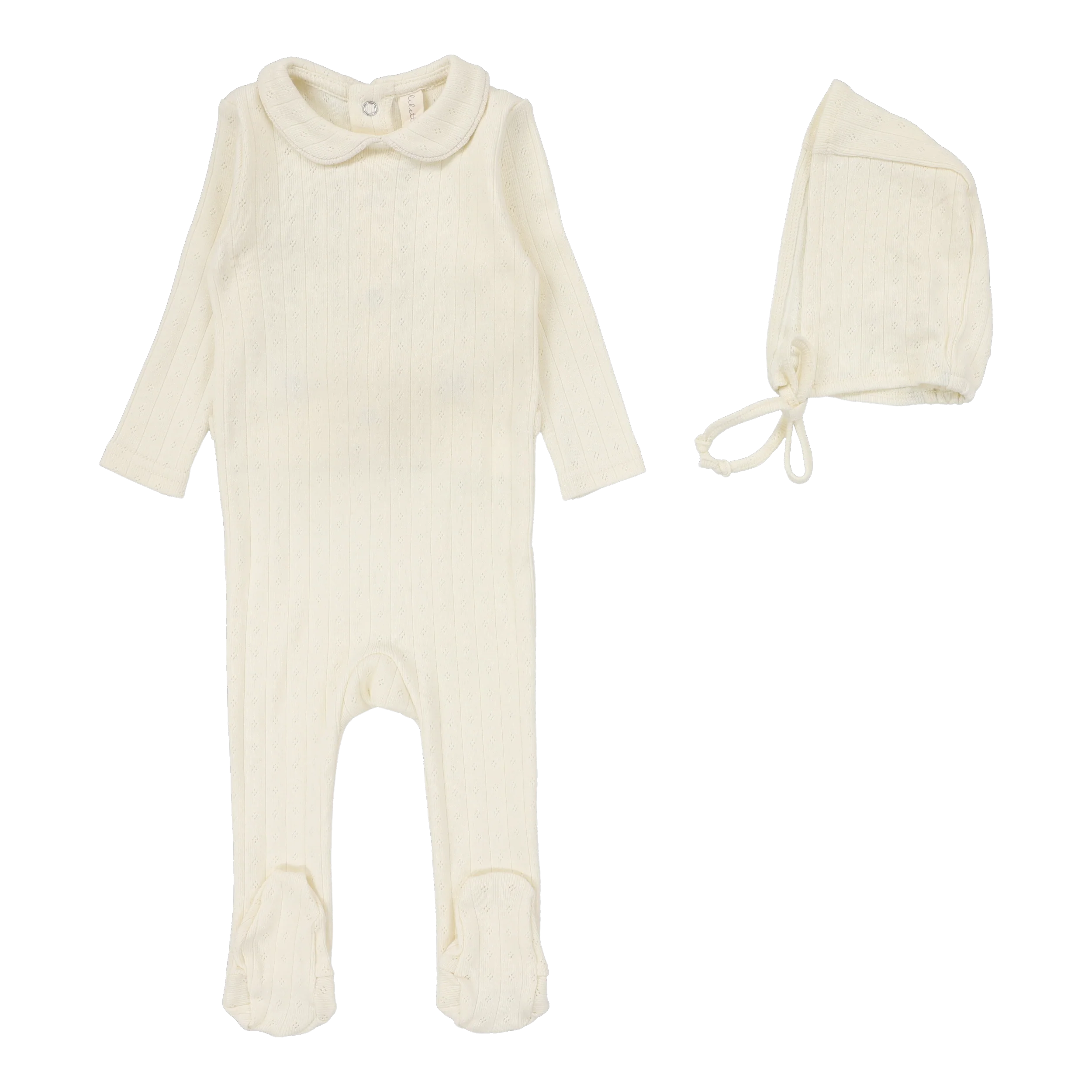 Lilette Fine Pointelle Collar Footie & Bonnet SS26 - Cream Peter Pan
