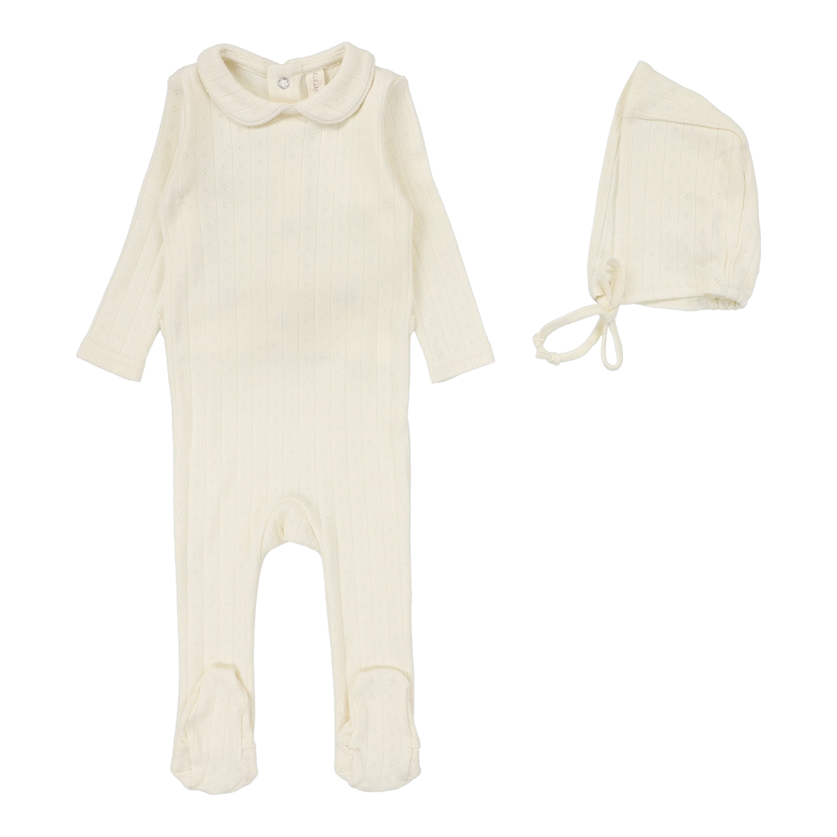 Lilette Fine Pointelle Collar Footie & Bonnet SS26 - Cream Peter Pan