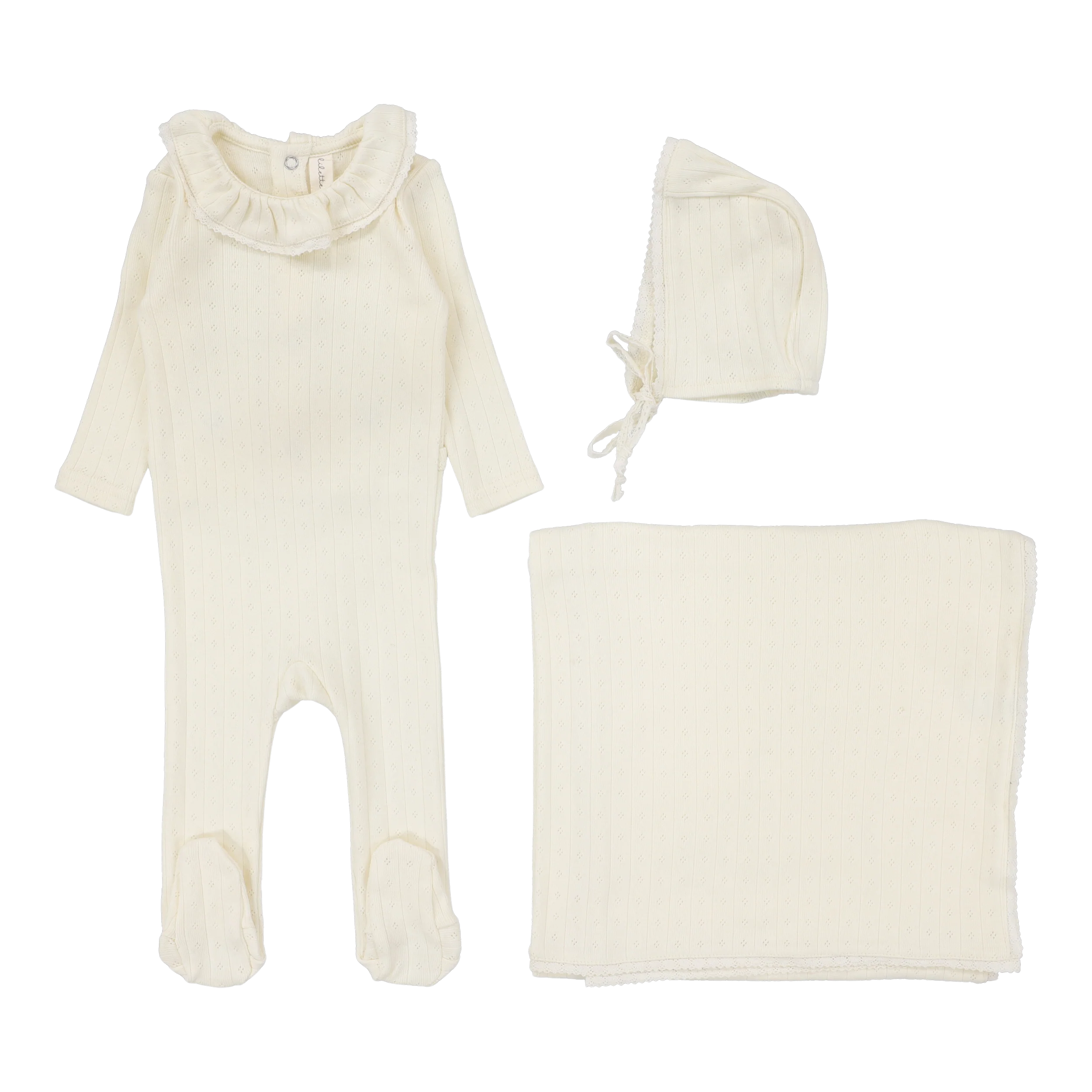 Lilette Fine Pointelle Collar Layette Set SS26 - Cream Ruffle