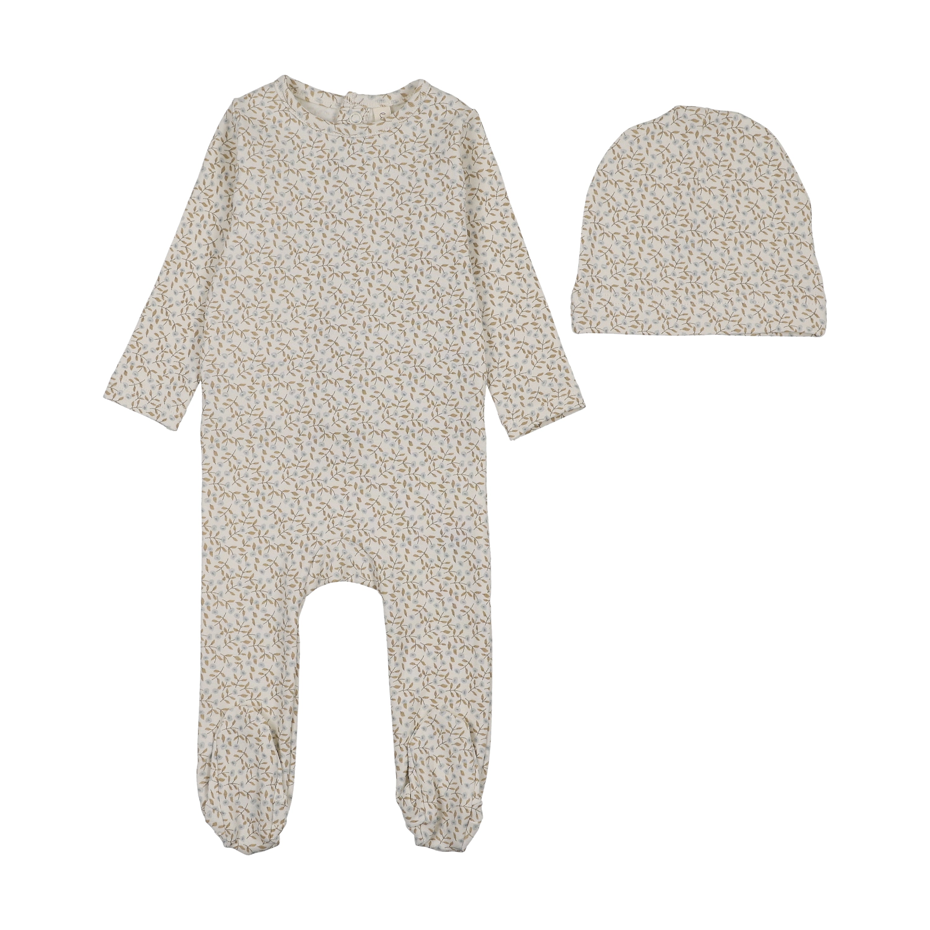 Lilette Dahlia Vines Print Footie & Hat - Cream/Blue