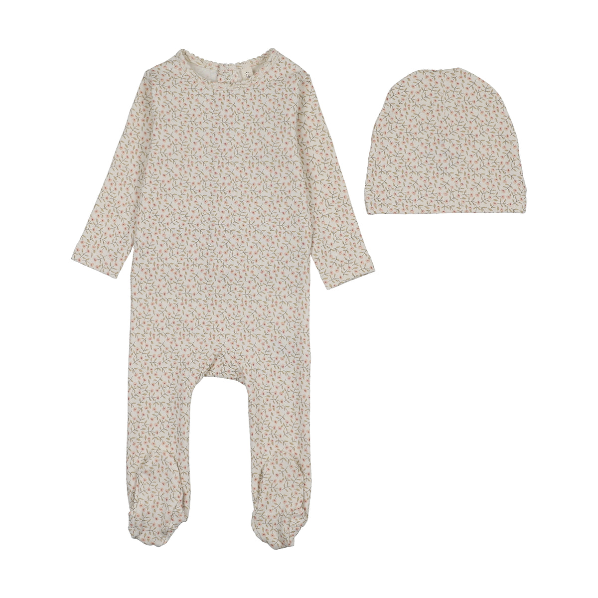 Lilette Dahlia Vines Print Footie & Hat - Cream/Pink