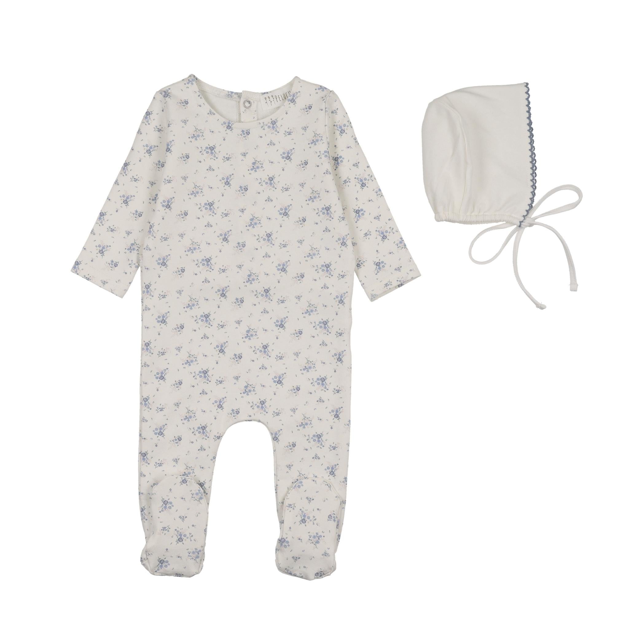 Peluche Floral Footie & Bonnet - Blue
