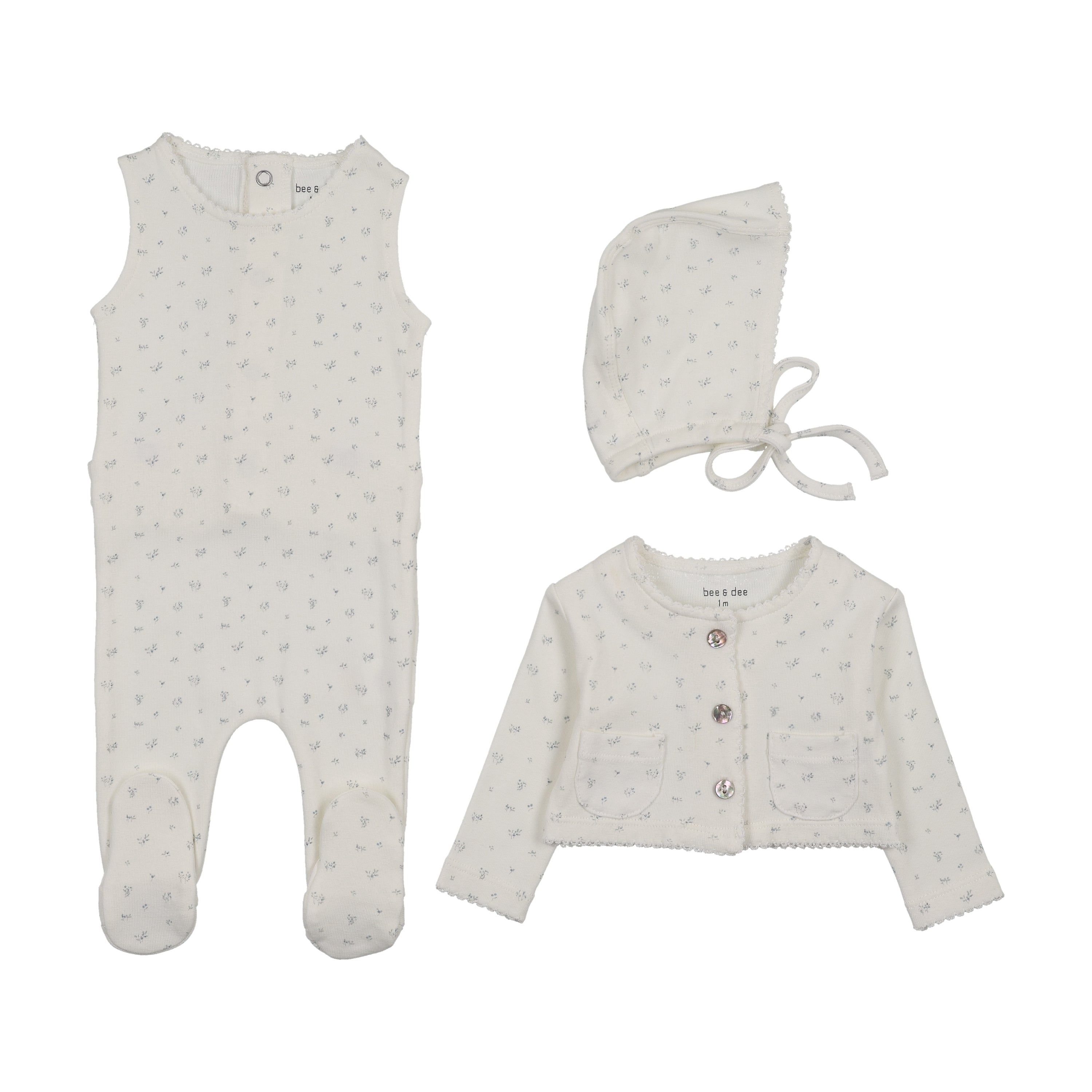 Bee & Dee Floral Footie, Cardigan & Bonnet - Chalk White Boys