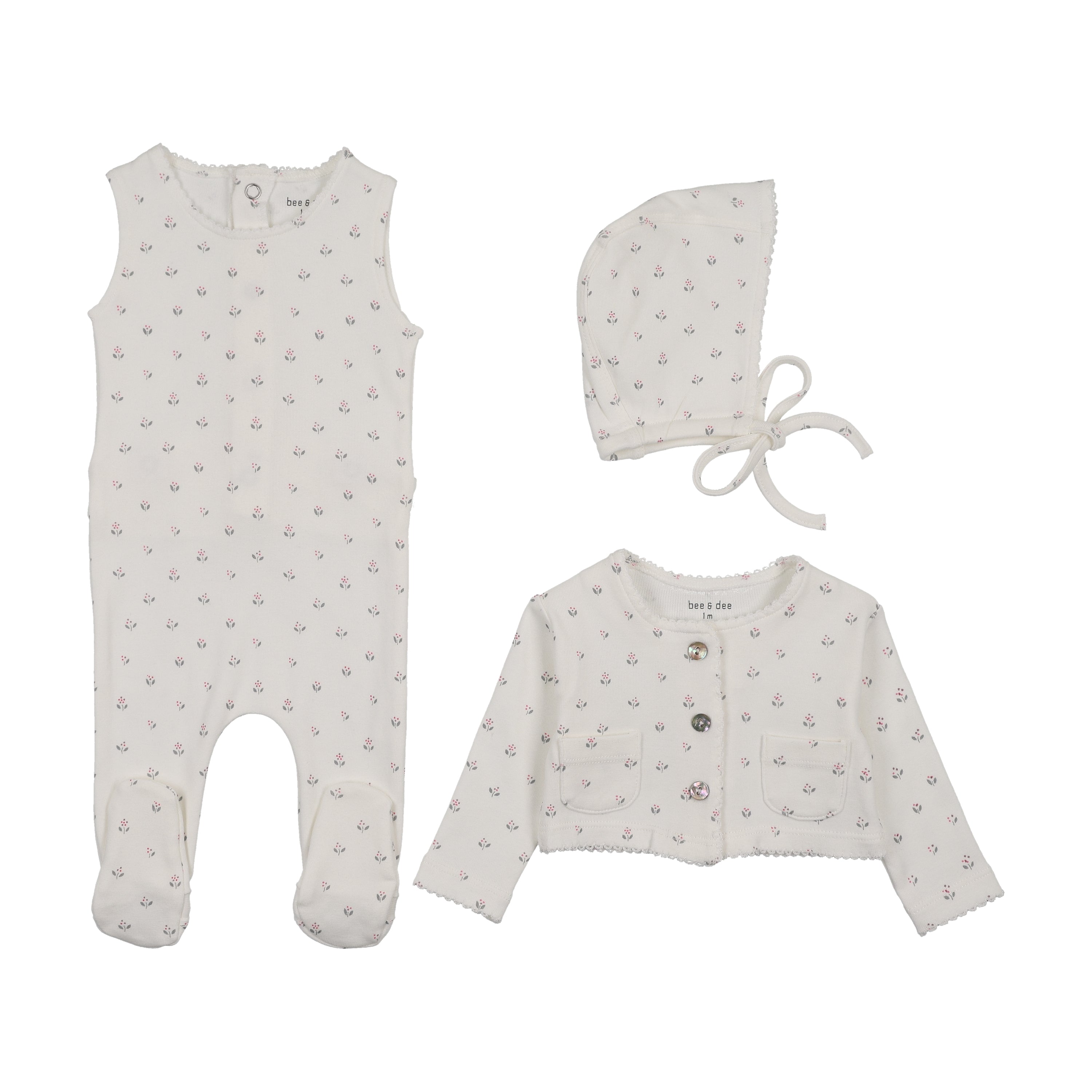 Bee & Dee Floral Footie, Cardigan & Bonnet - Chalk White Girls