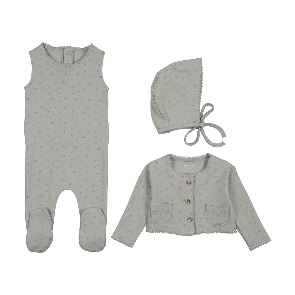 Bee & Dee Floral Footie, Cardigan & Bonnet - Meadow Mist