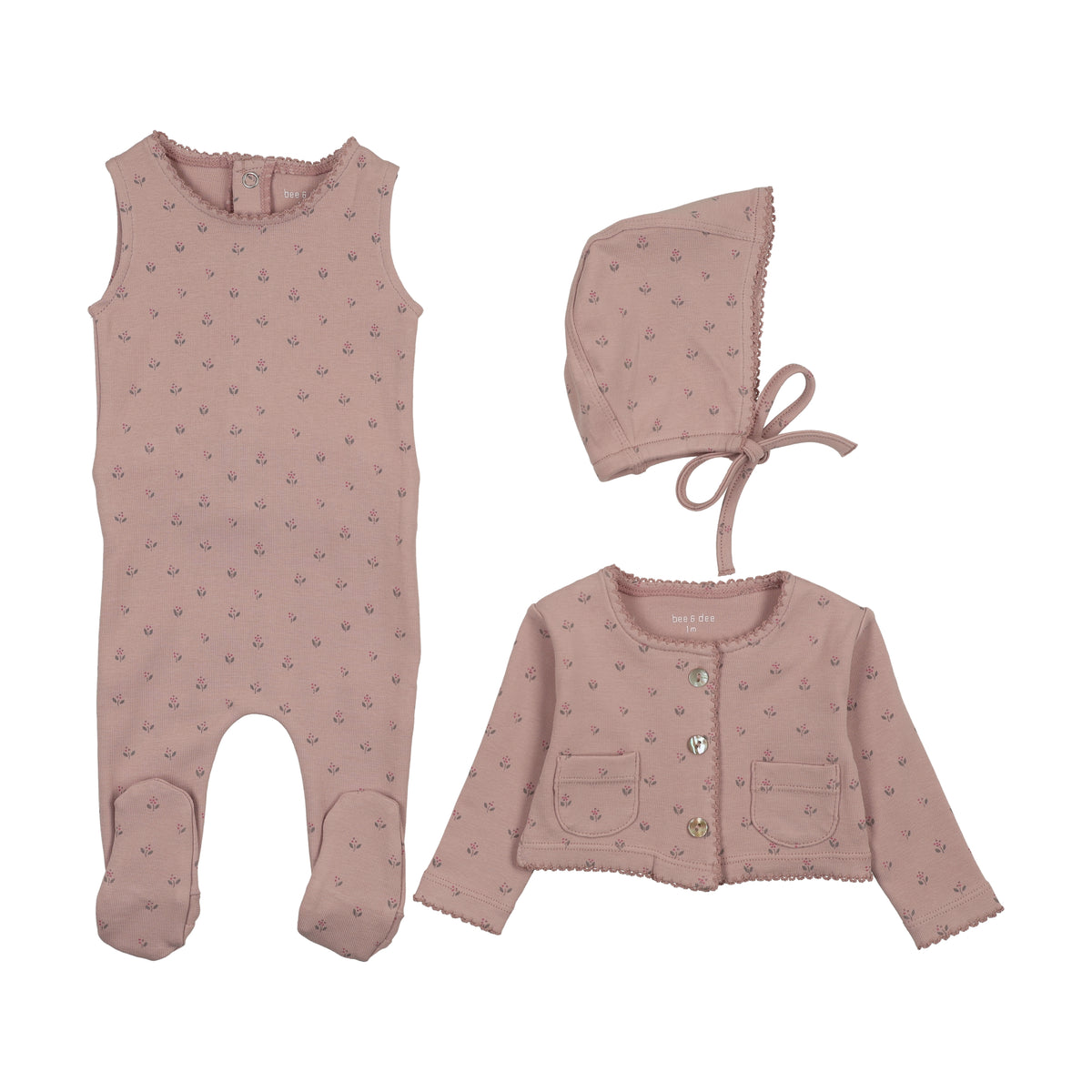 Bee & Dee Floral Footie, Cardigan & Bonnet - Rose