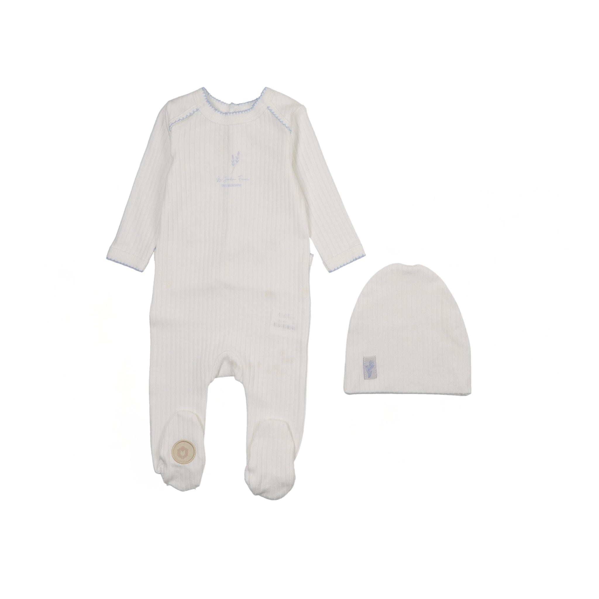 Mon Tresor Floral Signature Footie & Hat - Ivory/Blue