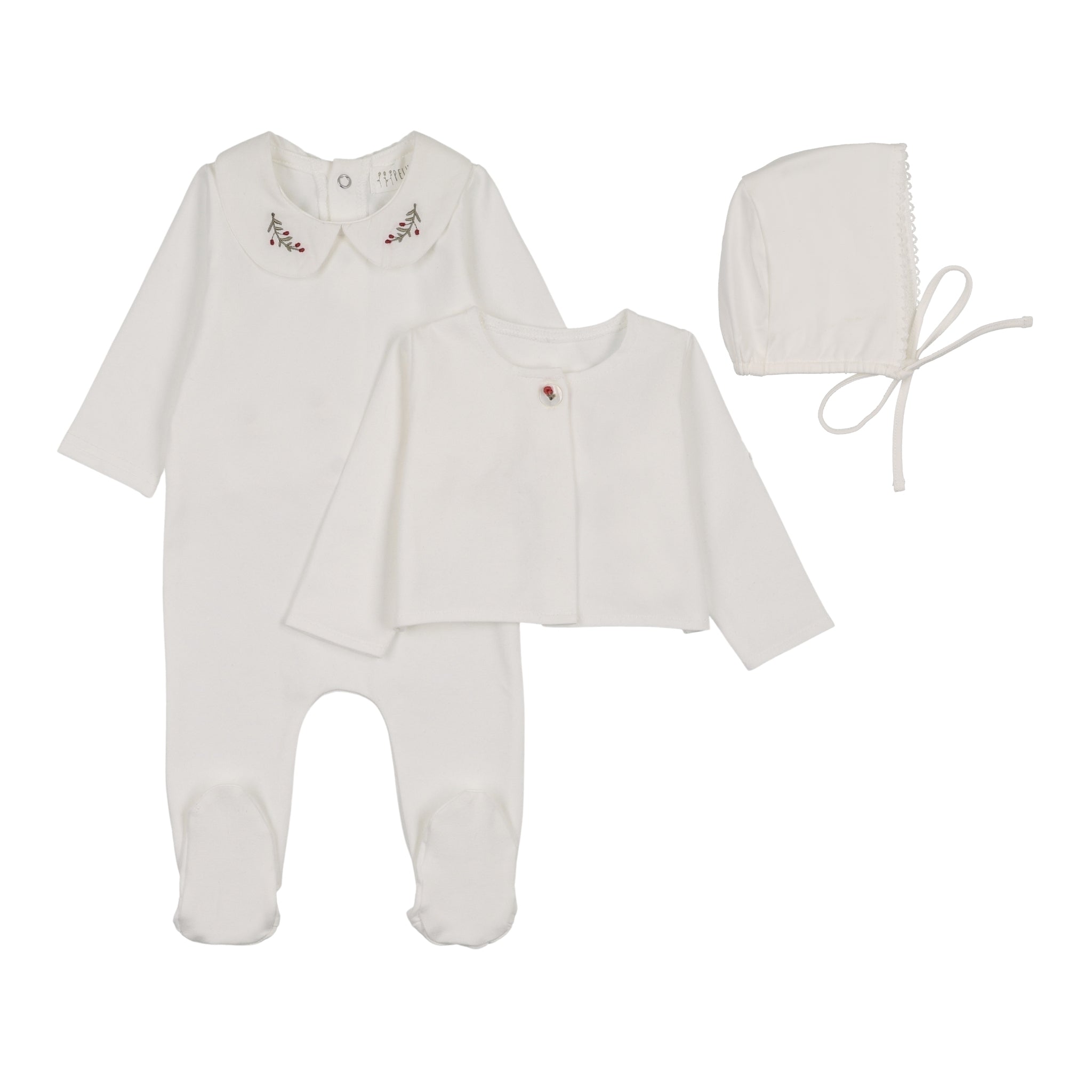 Peluche Embroidered Collar Footie, Cardigan & Bonnet - Cream/Berry