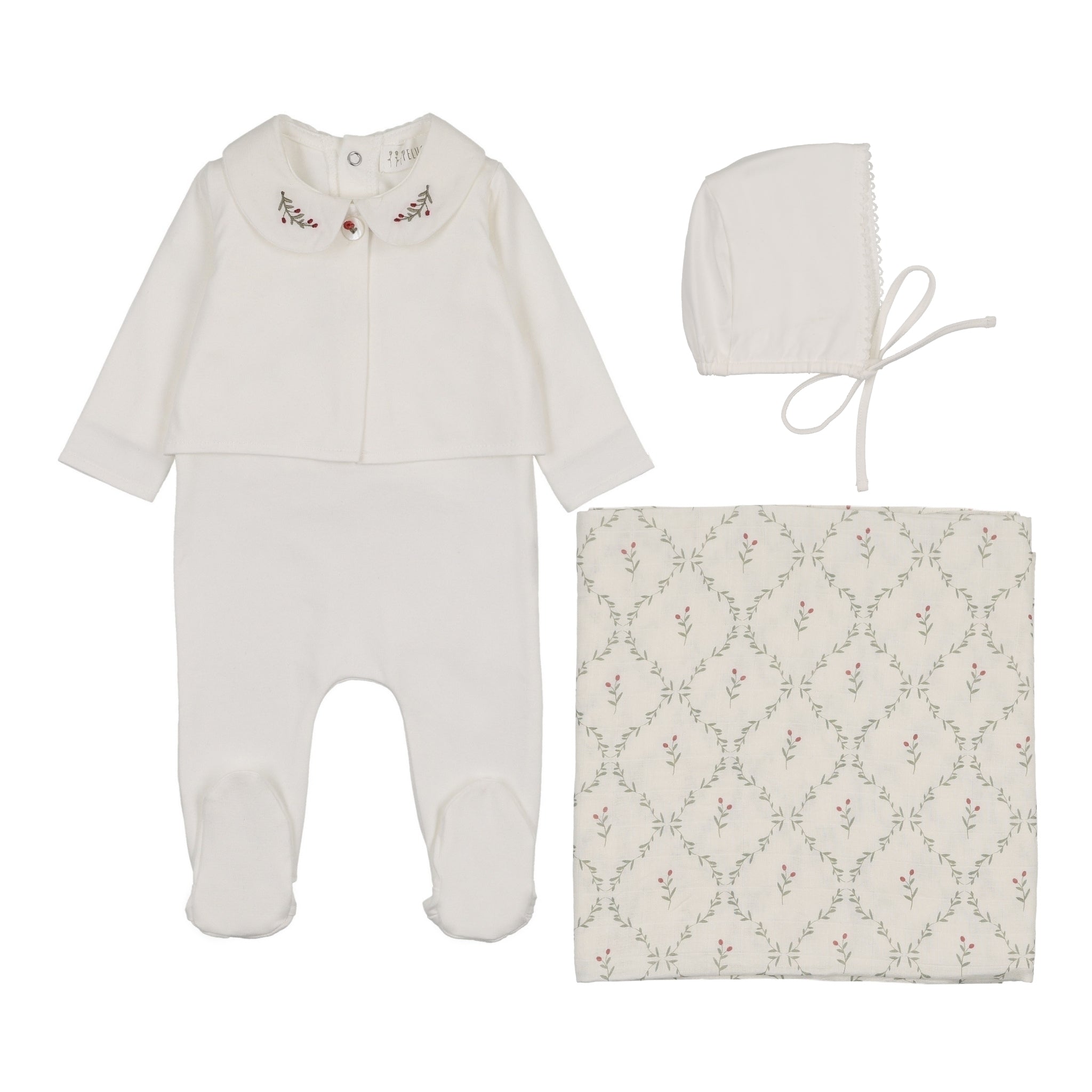 Peluche Embroidered Collar Layette Set - Cream/Berry