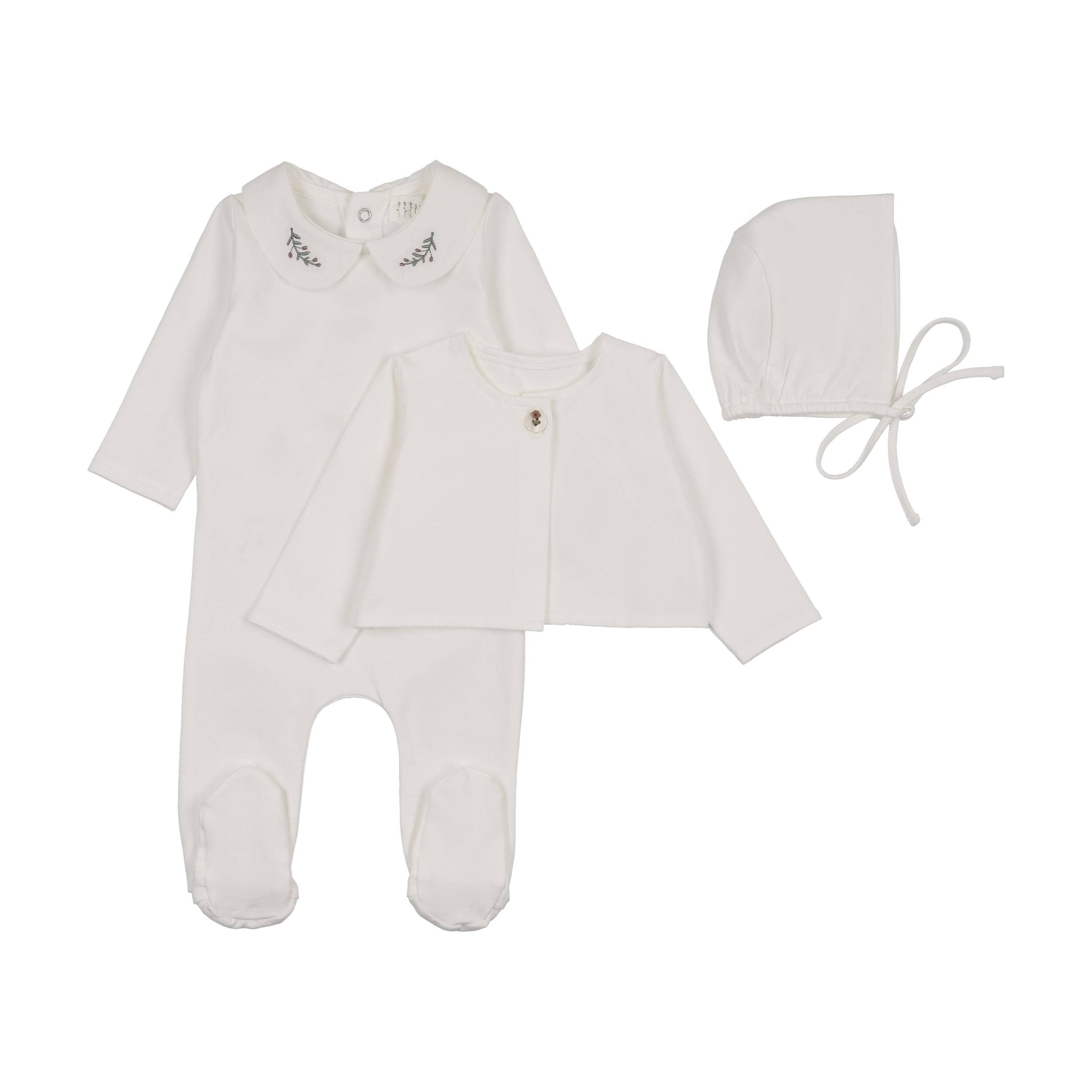 Peluche Embroidered Collar Footie, Cardigan & Bonnet - Cream/Olive