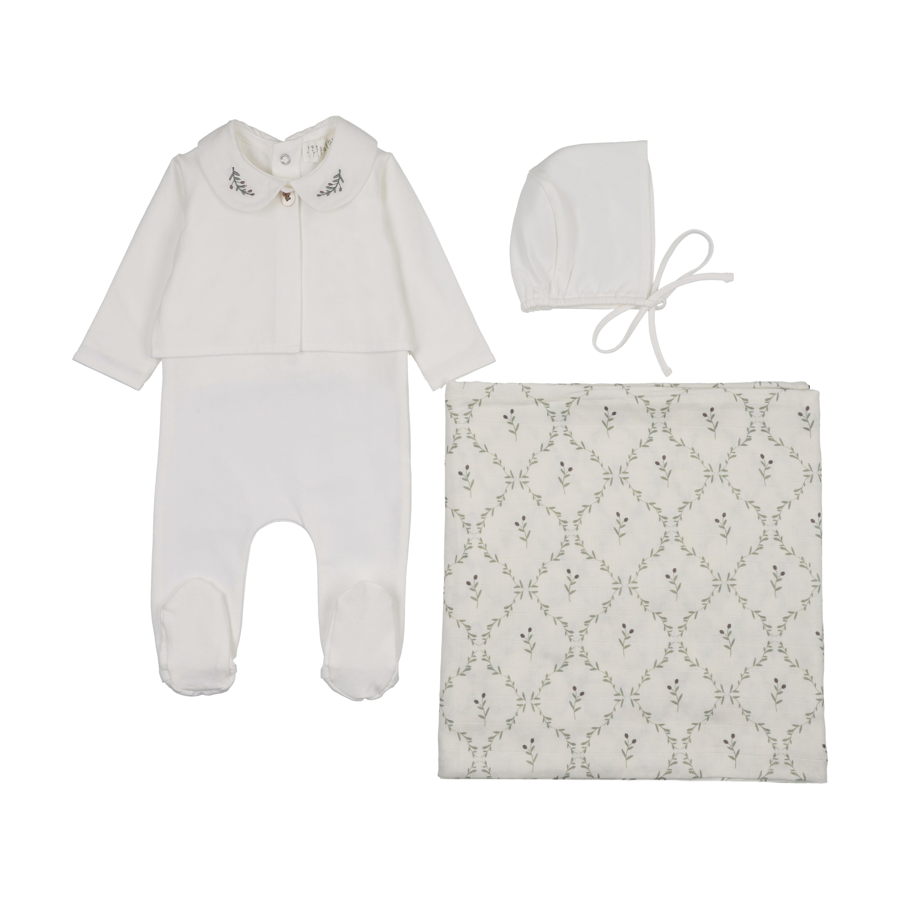 Peluche Embroidered Collar Layette Set - Cream/Olive