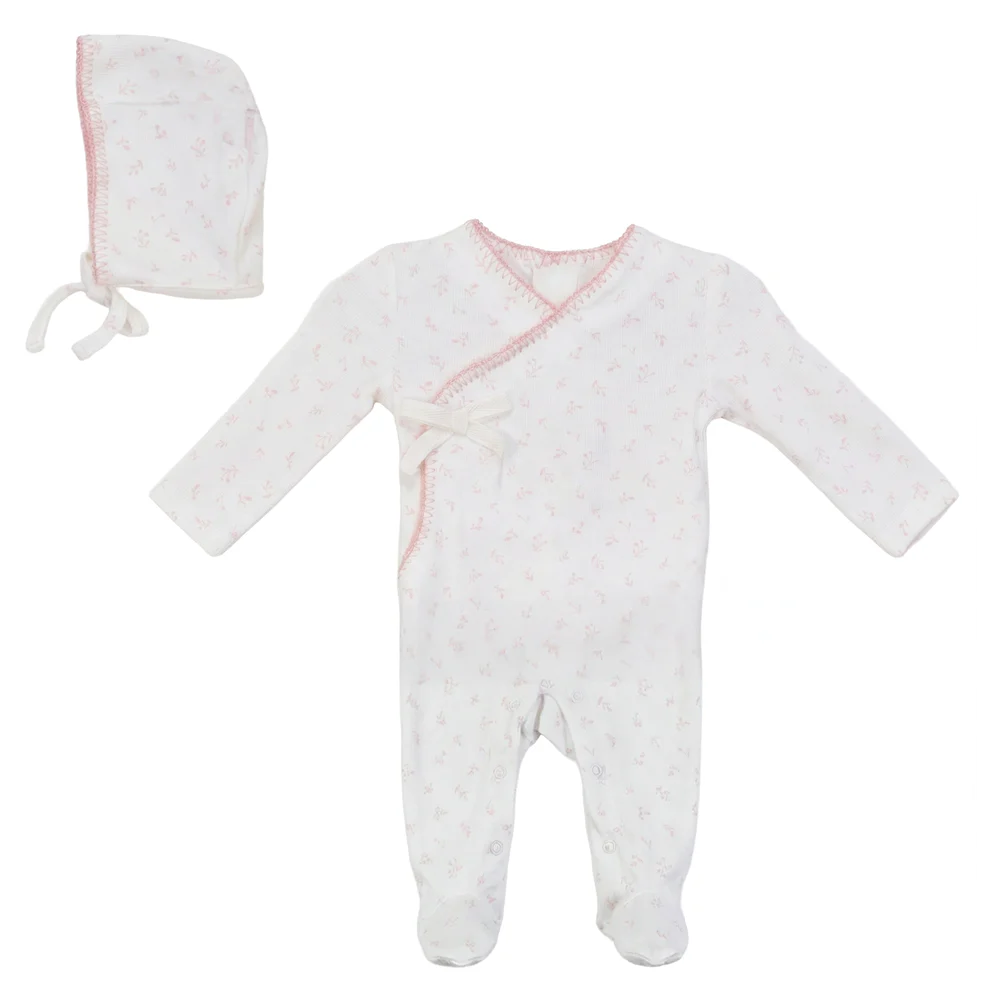 Bebe Bella Leaf Cherry Fake Wrap Footie & Hat - Cream/Mauve