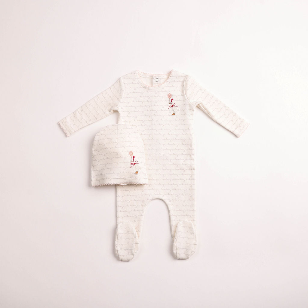 Bee & Dee Goose On Script Footie & Beanie - Linen Girls
