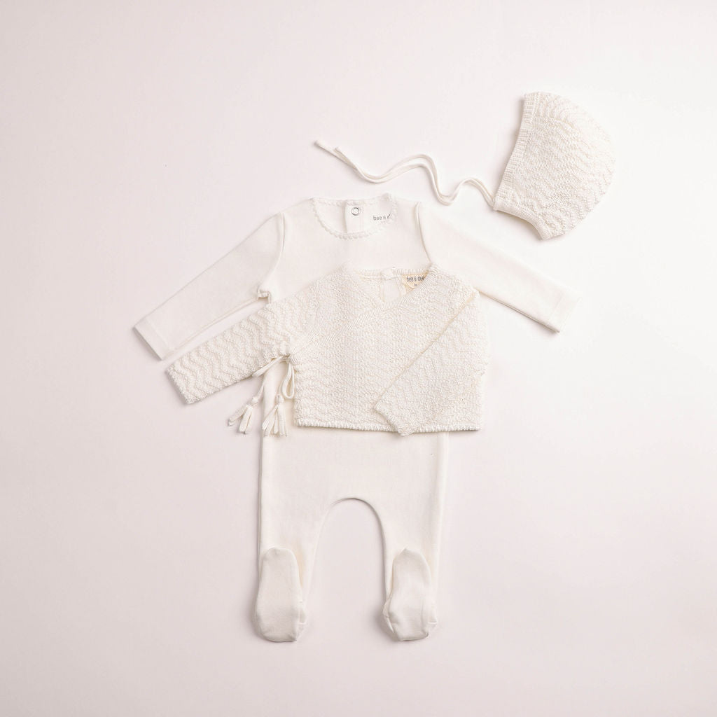 Bee & Dee Herringbone Cardigan Footie & Hat - Chalk White