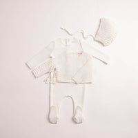 Bee & Dee Herringbone Cardigan Footie & Hat - Chalk White