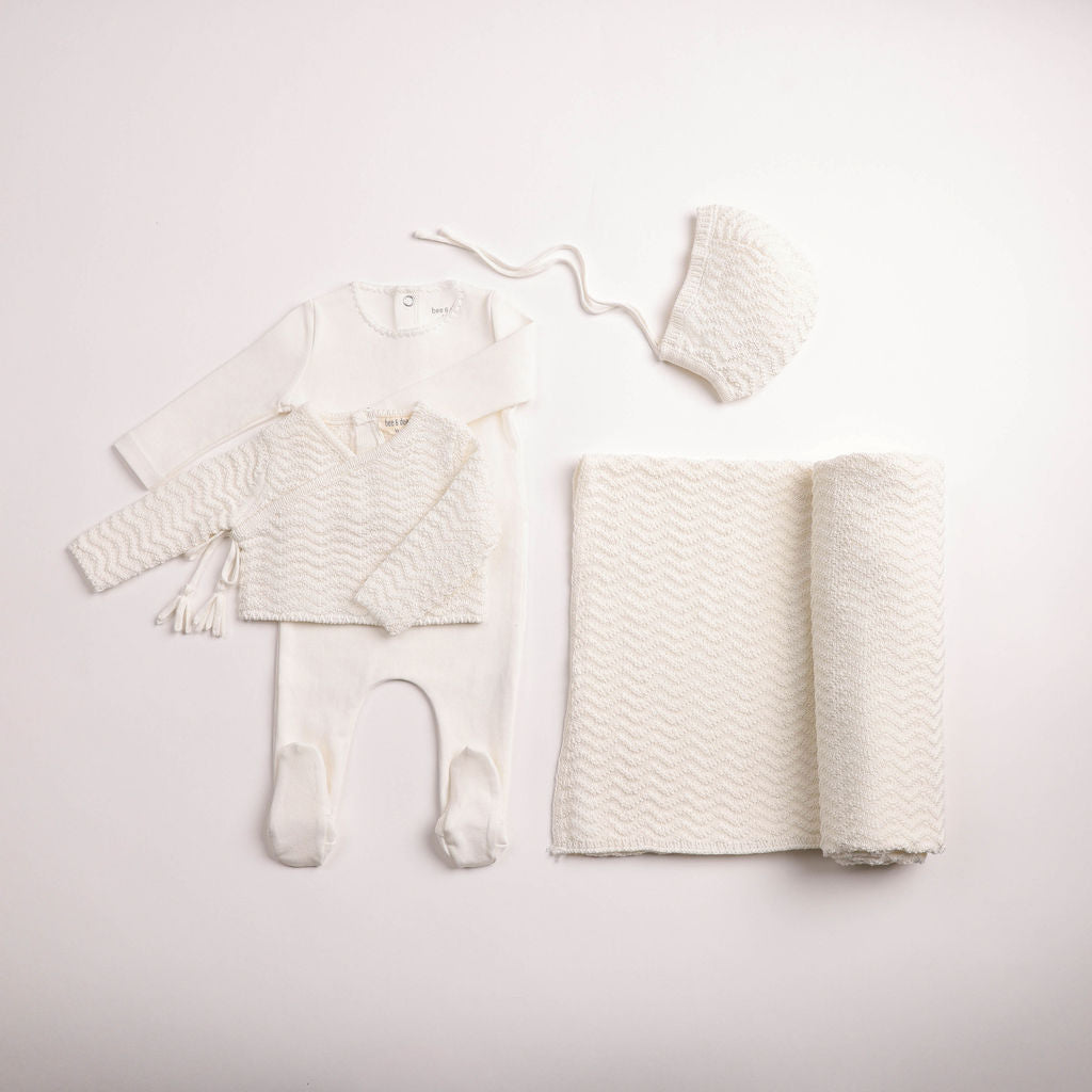 Bee & Dee Herringbone Cardigan Layette Set - Chalk White
