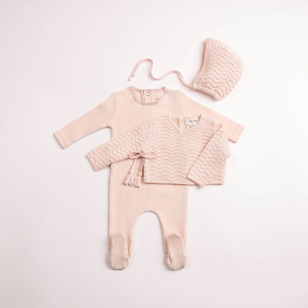 Bee & Dee Herringbone Cardigan Footie & Hat - Pearly Pink