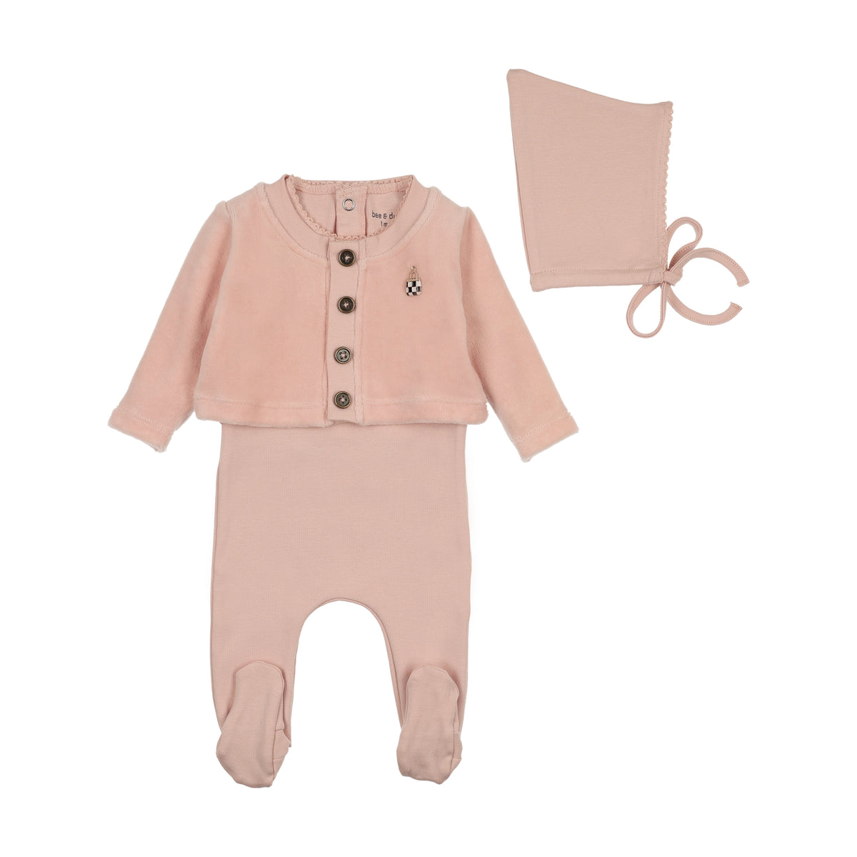 Bee & Dee How Charming Footie, Cardigan & Bonnet Set -Sand Pink