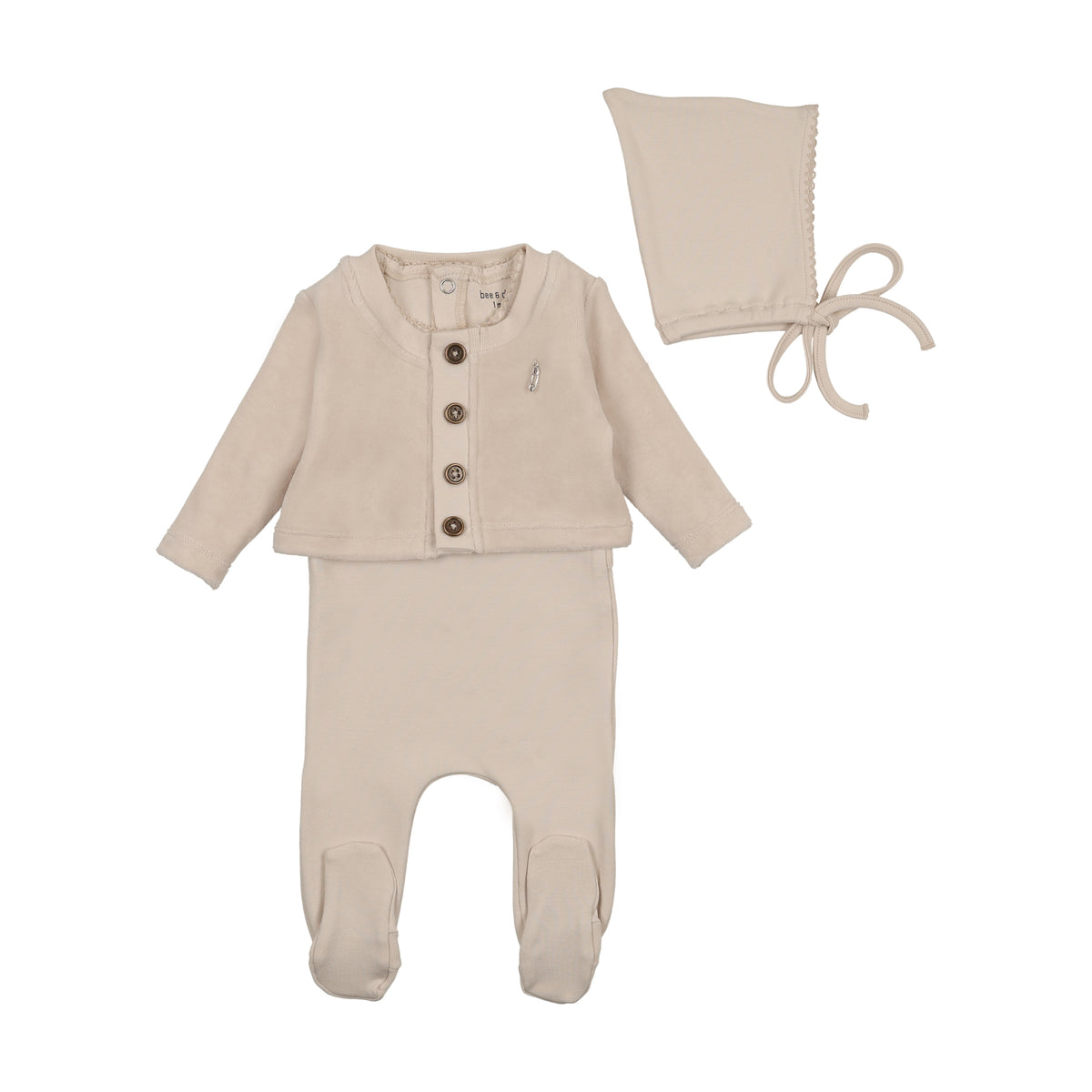 Bee & Dee How Charming Footie, Cardigan & Bonnet Set -Tan