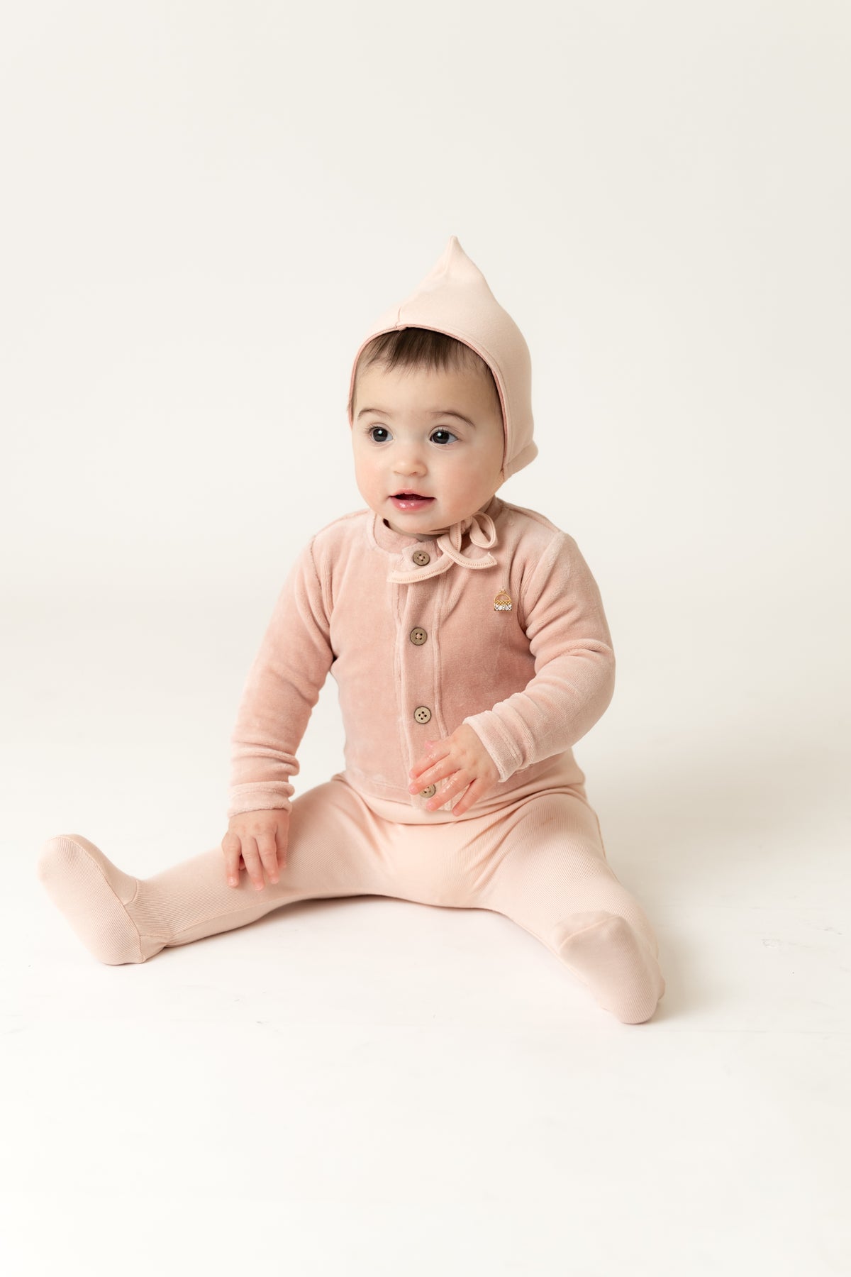 Bee & Dee How Charming Footie, Cardigan & Bonnet Set -Sand Pink
