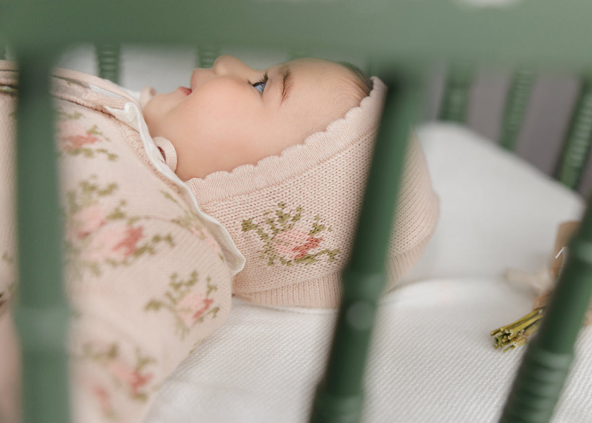 Peluche Floral Intarsia Knit Cardigan & Bonnet - Rose