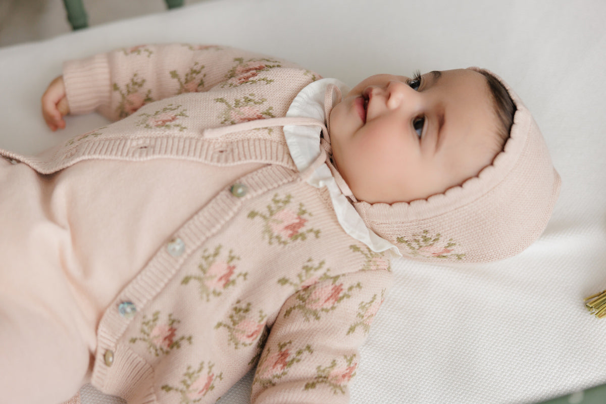 Peluche Floral Intarsia Knit Cardigan & Bonnet - Rose