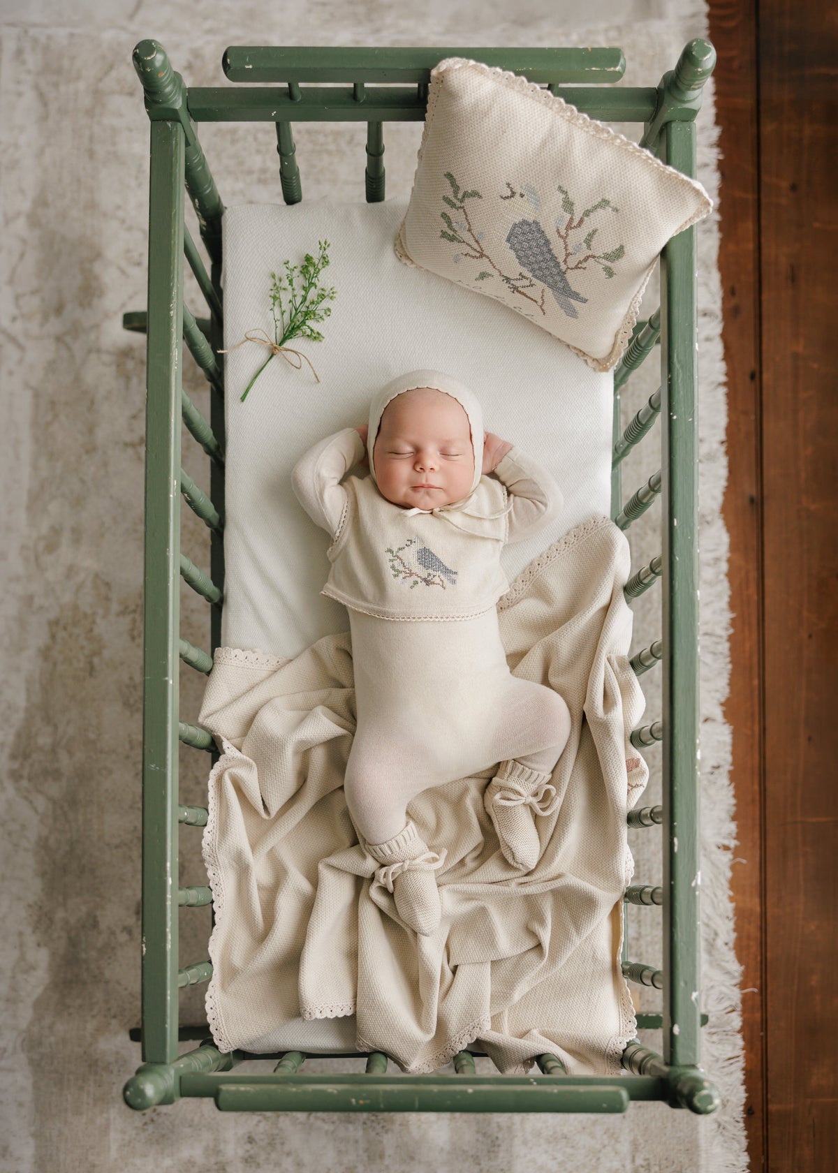 Peluche Knit Cross Stitch Overlay Bib - Stone/Blue