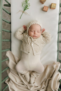 Peluche Eyelet Knit Cropped Cardigan & Bonnet - Stone