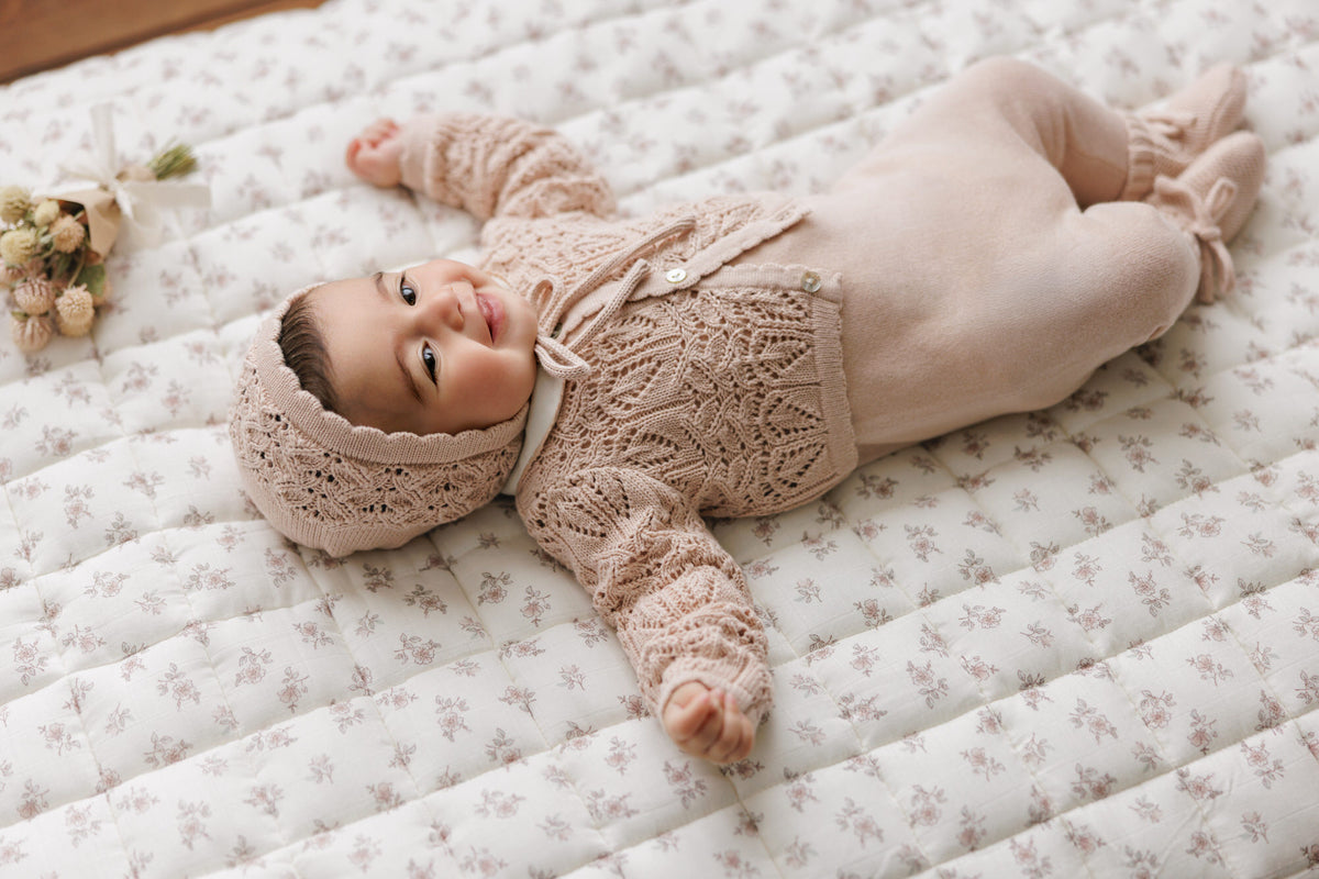 Peluche Eyelet Knit Cropped Cardigan & Bonnet - Rose