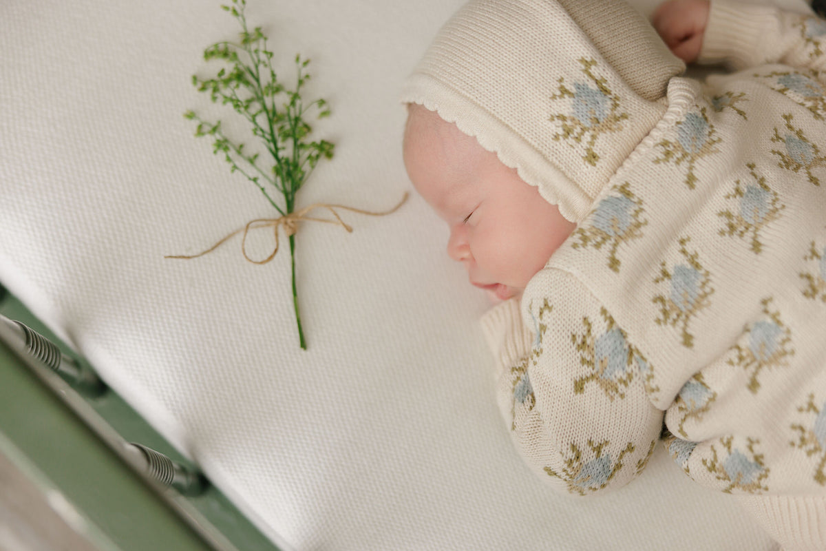 Peluche Floral Intarsia Knit Cardigan & Bonnet - Powder
