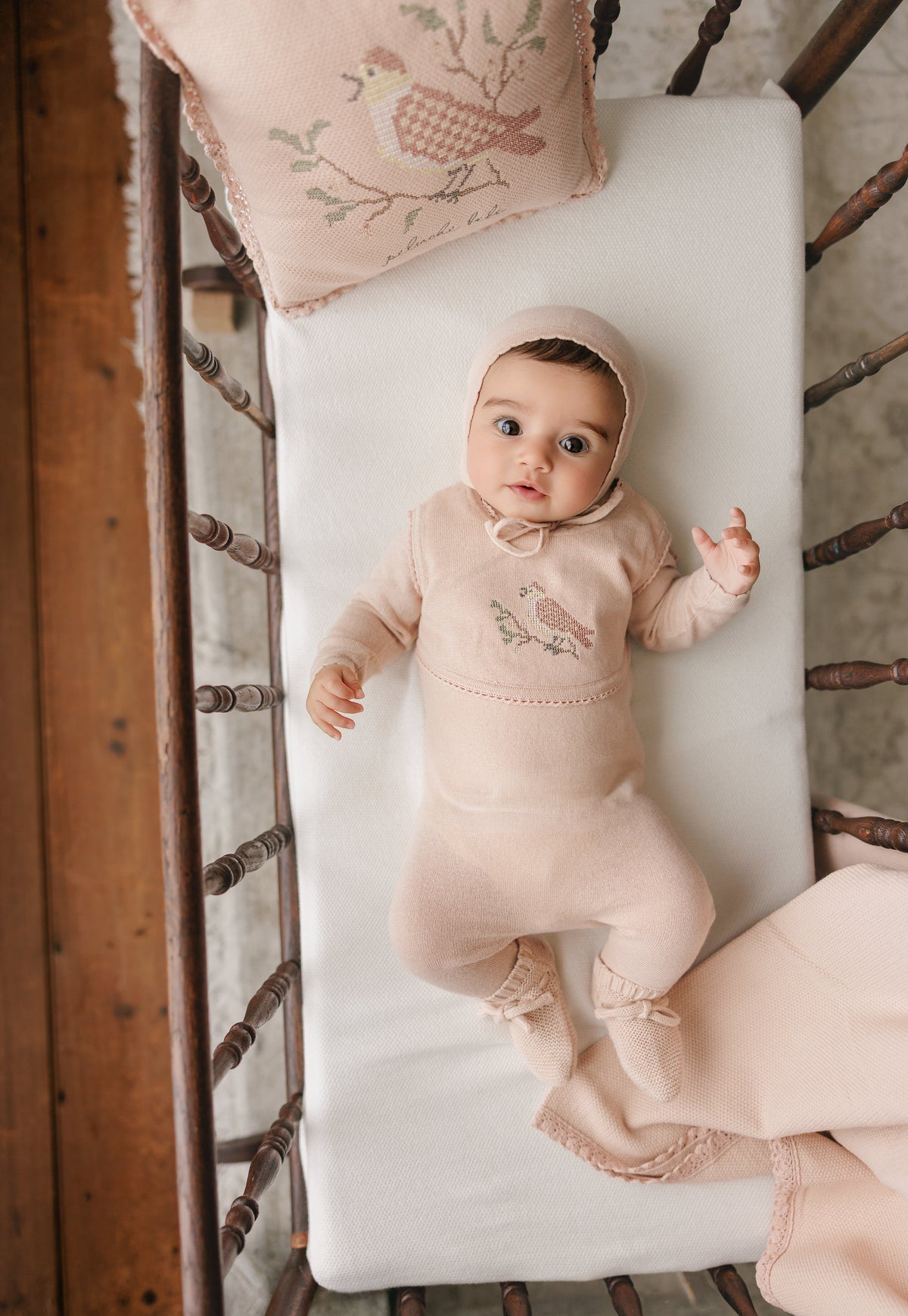 Peluche Knit Cross Stitch Overlay Bib - Rose