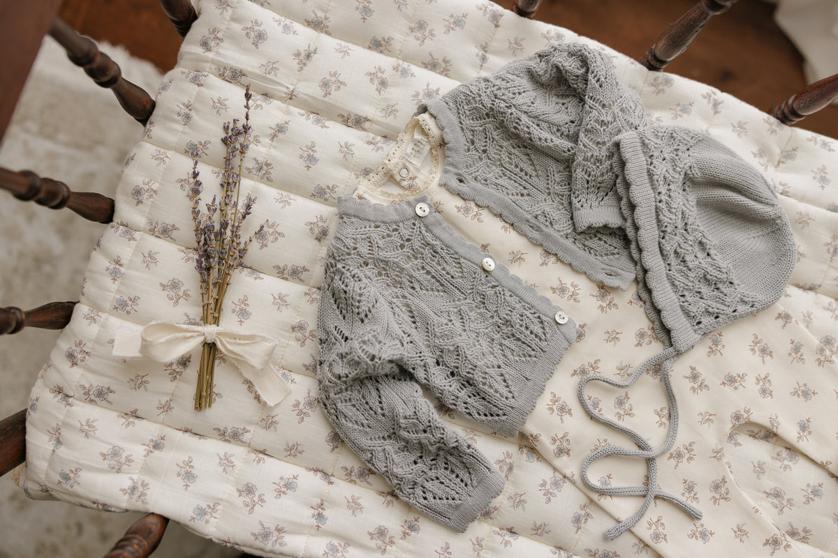 Peluche Eyelet Knit Cropped Cardigan & Bonnet - Powder