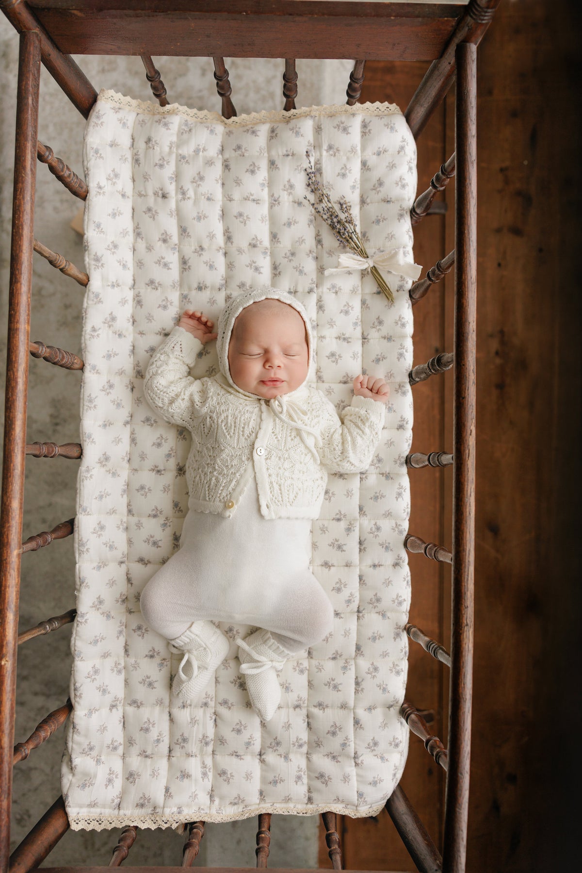 Peluche Eyelet Knit Cropped Cardigan & Bonnet - Cream