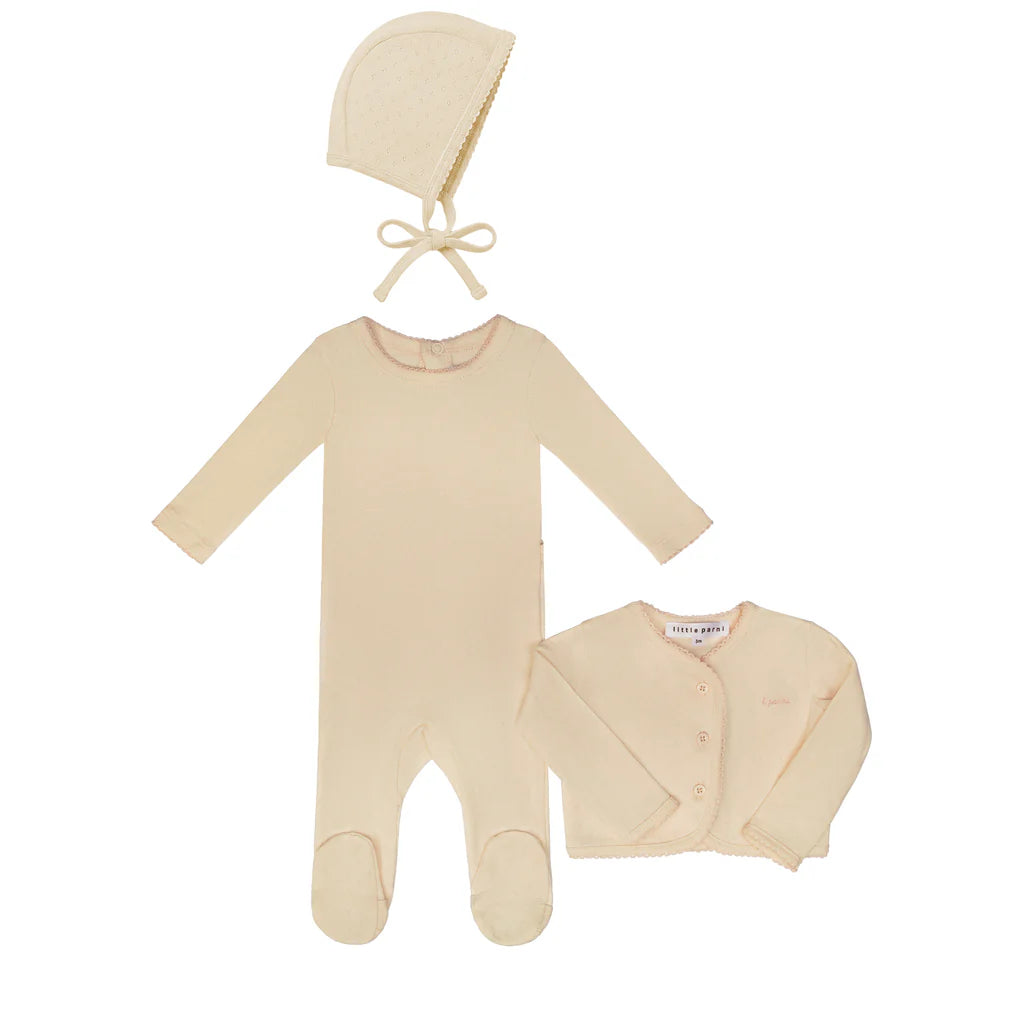 Little Parni Pointelle Cardigan, Footie & Bonnet - Pink