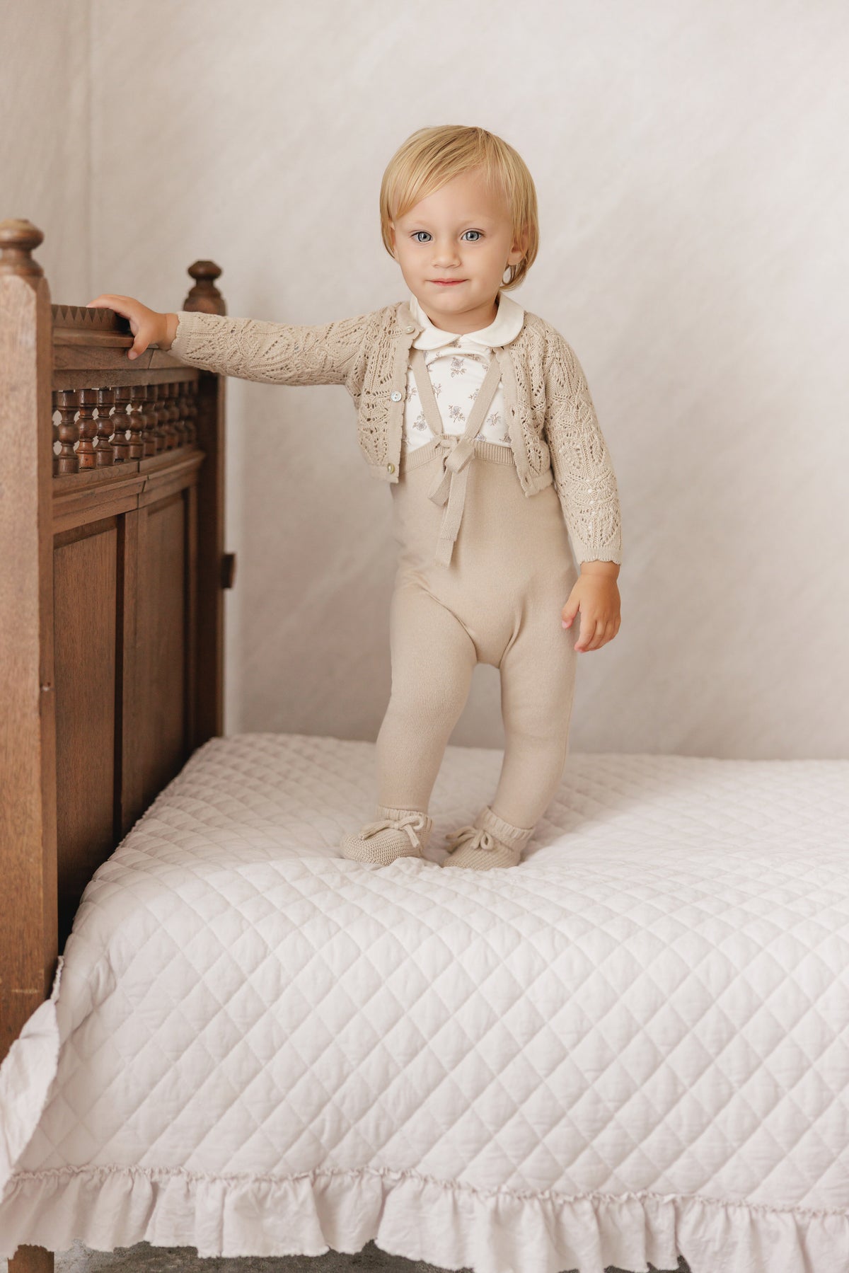 Peluche Knit Tied Suspender Overalls - Stone