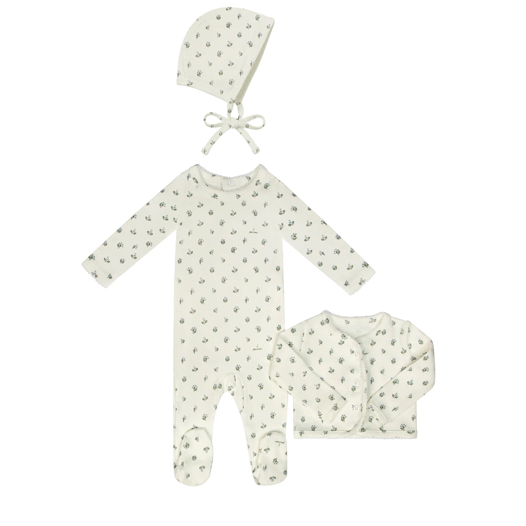 Little Parni Floral Cardigan, Footie & Bonnet - Light Blue